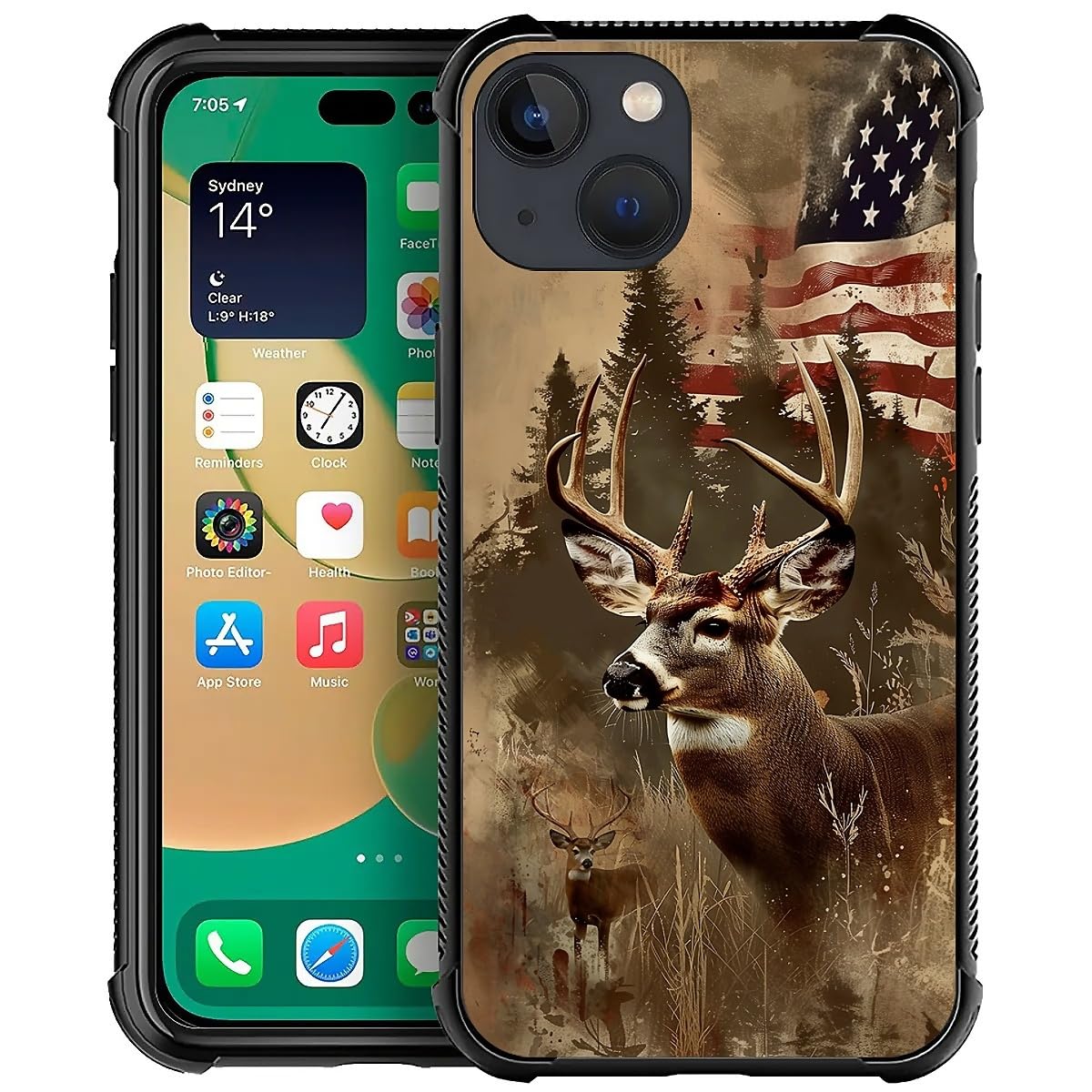 NONMY Phone Case Compatible with iPhone 14 Plus - Wireless Charging Compatible,S Hunting Deer Forest USA Flag TPU Bumper and Hard PC Pattern Back Case