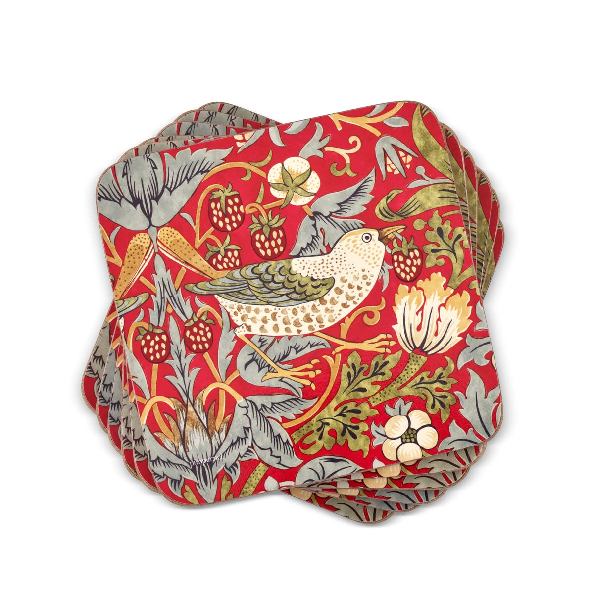 Pimpernel Morris & Co Strawberry Thief Red Coasters, Set of 6 - Stain Resistant & Heat Safe Fabric-Feel Square Coasters with Birds & Botanical Pattern for Stylish Dining & Entertaining