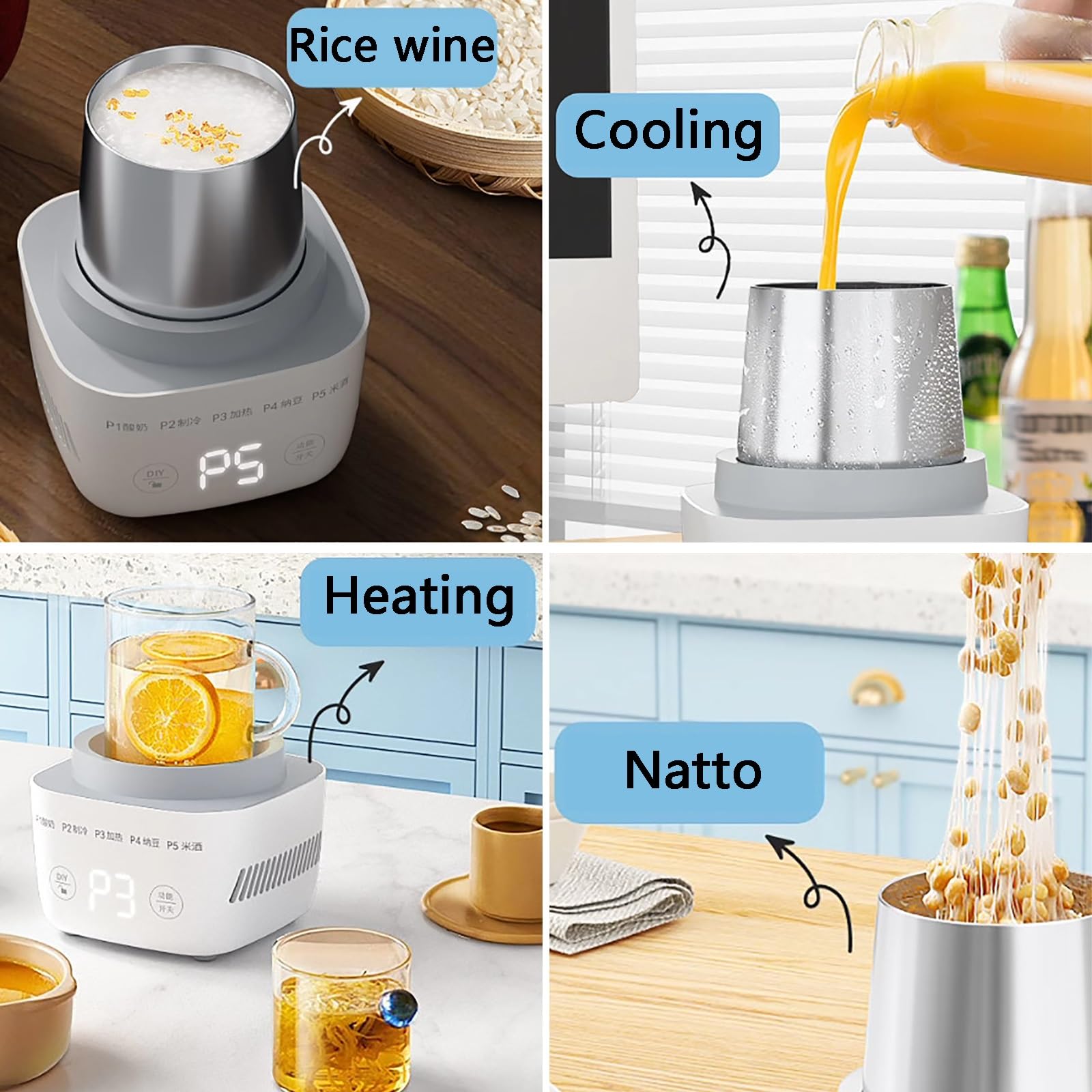 Yaourtière Multifonction 5 en 1, Capacité de 350 Ml, Facile À Utiliser, Arrêt Automatique, Idéale pour La Préparation De Natto et De Vin De Riz