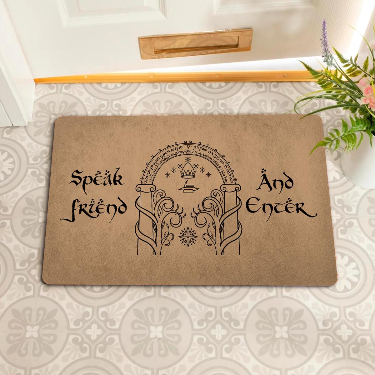 Divertido felpudo de bienvenida para puerta delantera, tapete de regalo para inauguración de la casa, decoración interior del hogar (60.2 cm x 39.6 cm) (habla amigo y entra)