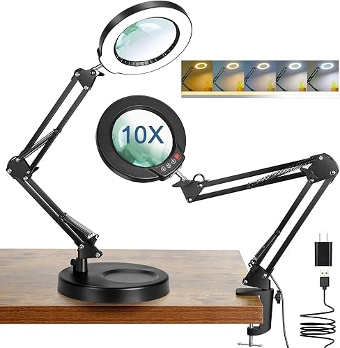Miniatura 8 de Lupa 10X con luz y soporte, 5 modos de color, lupa iluminada 2 en 1 regulable sin escalones con abrazadera, lámpara de escritorio LED manos libres