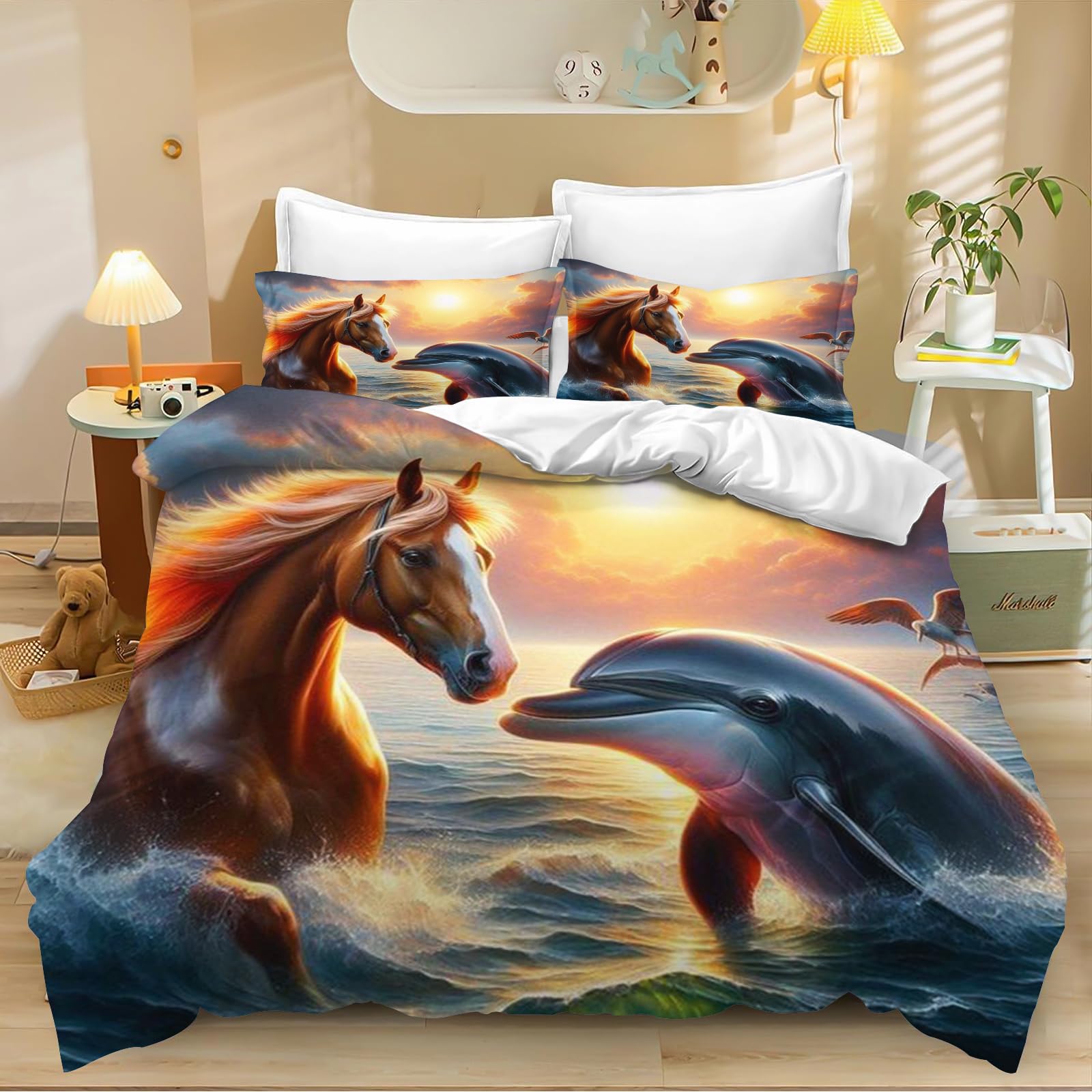 KIDSLOVE Pościel z delfinem 135 x 200 cm, poszewka na kołdrę dla dzieci, urocze zwierzęta, delfiny, zestaw pościeli z nadrukiem 3D, 100% mikrofibra, poszewka na kołdrę (8, 220 x 260 cm, 50 x 75 x 2)