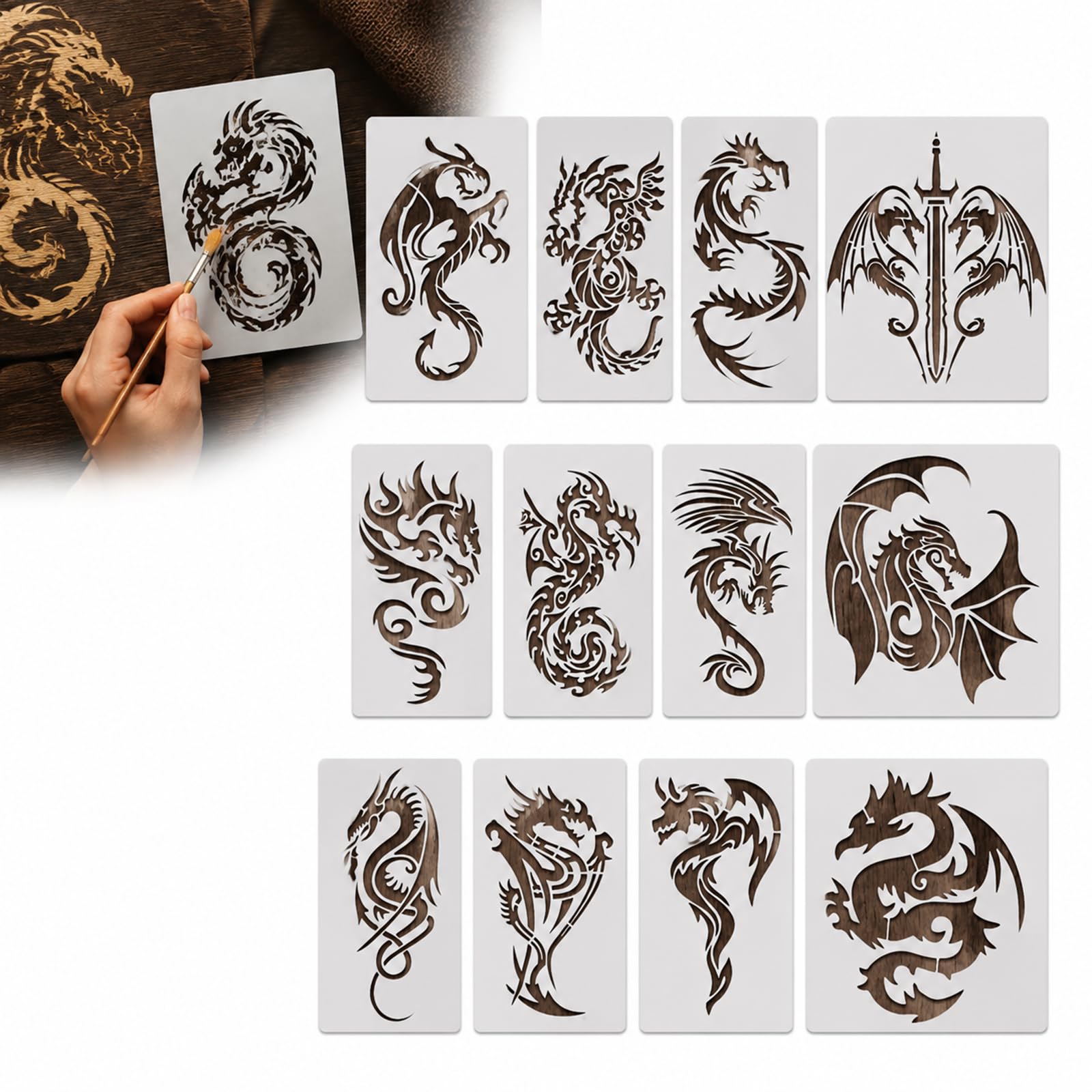 Celtic Dragon Painting Stencils Set with Intricate Laser-Cut Designs for DIY Spray Art - Reusable Templates for Walls, Wood, Fabric, Ceramic Crafts and Decorative Art Projects