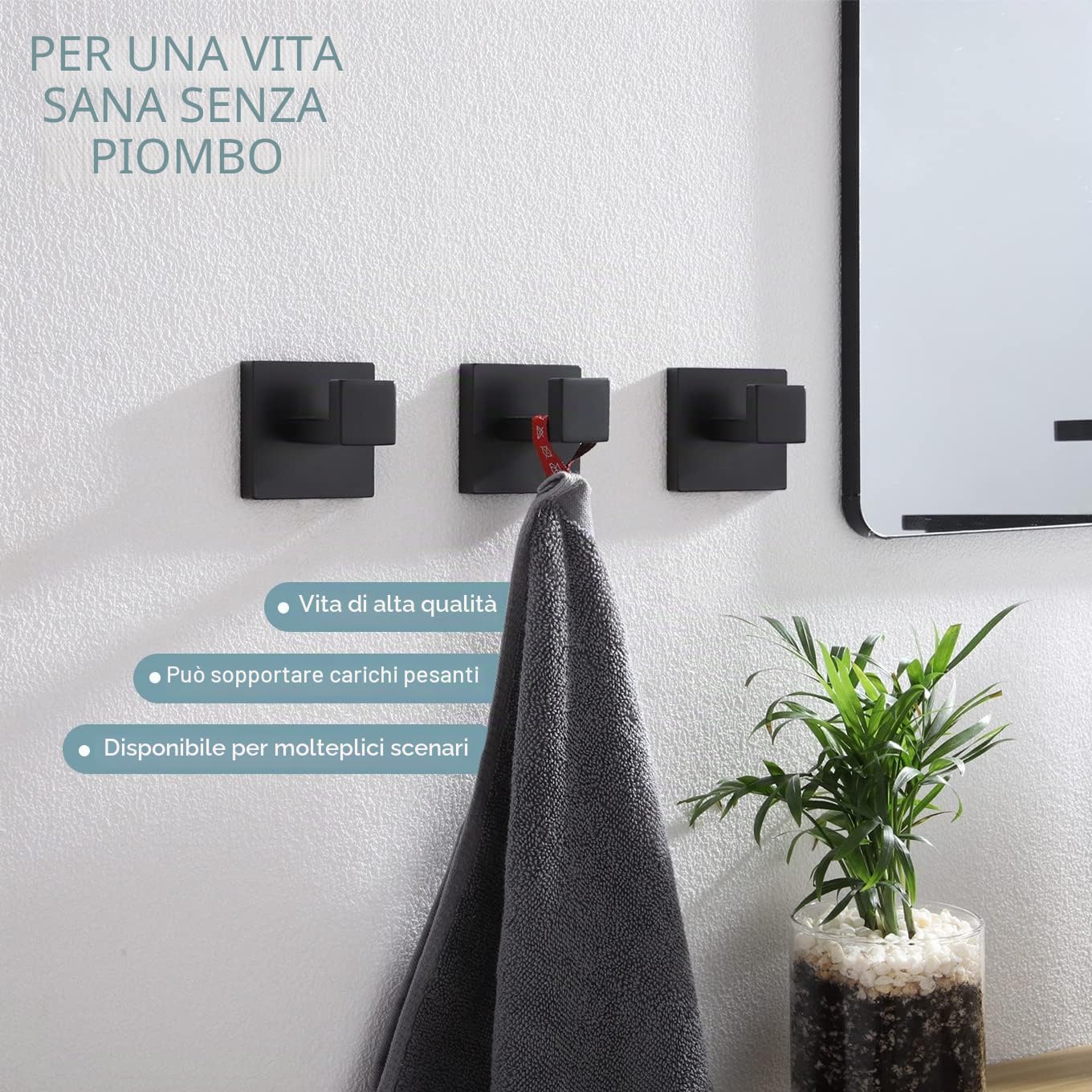 KOKOSIRI Gancio per asciugamano da bagno, da parete, quadrato, per accappatoio, bagno, cucina, garage, resistente, in acciaio inox SUS 304, confezione da 3 pezzi, nero opaco, B1010BK-P3
