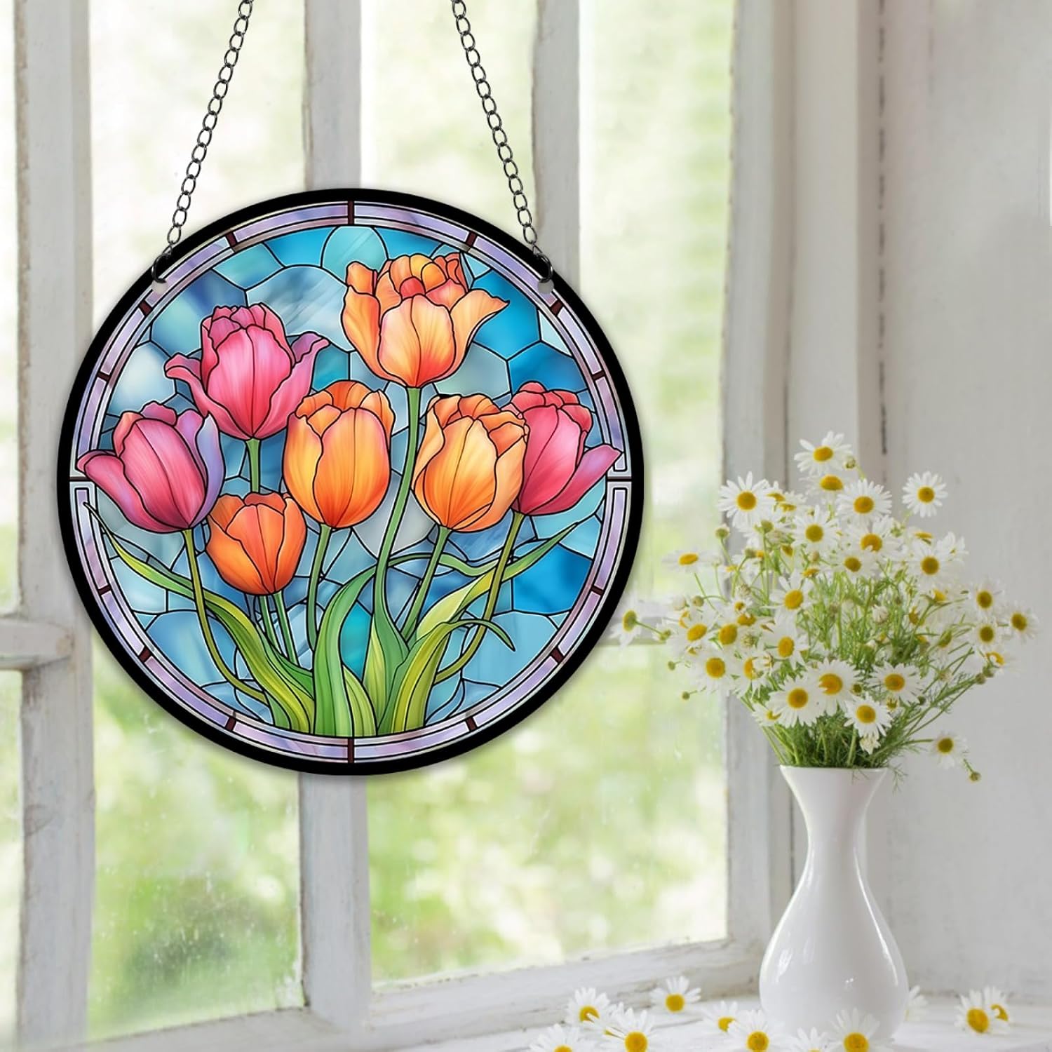 HOTIYOK Large Tulips Butterfly Acrylic Window Hangings Beautiful Flowers Stained Window & Wall Decor, Ideal Housewarming Gift, Home Decor for Mom Grandma Wife Teacher