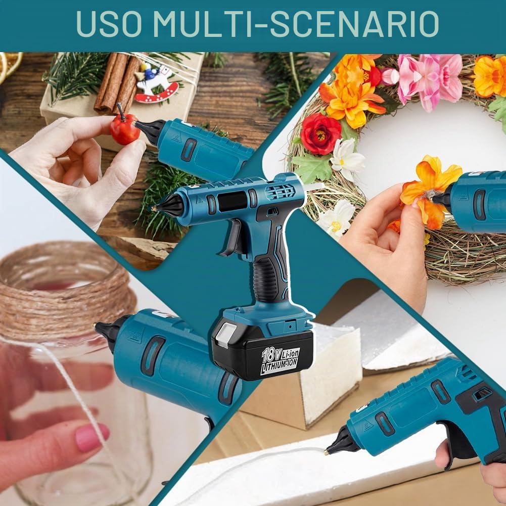 Pistola per colla a caldo senza fili, compatibile con Makita BL1830 BL1840 BL1850 BL1860 18 V, batteria al litio da 100 W con 20 stick di colla, riscaldamento rapido