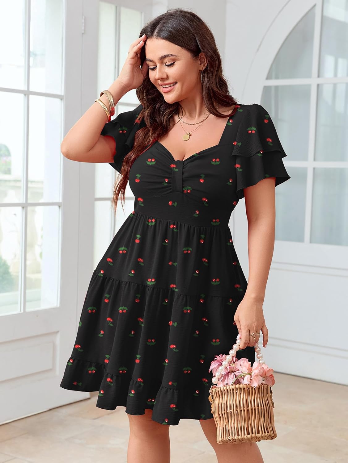 SCOMCHIC Women's Plus Size Summer Dresses Short Sleeve Sweetheart Neckline A Line Cocktail Boho Cute Mini Short Dress