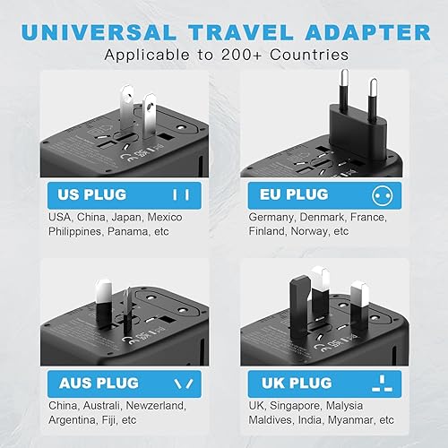 Universal Travel Adapter, PD20W International Power Adapter, 2 USB-C & 2 USB-A Fast Charging Travel Charger, All in One Worldwide Travel Plug Adapter, Outlet Adapter for Europe EU UK USA AU(Black,1 USB A+3 USB C(PD45W))