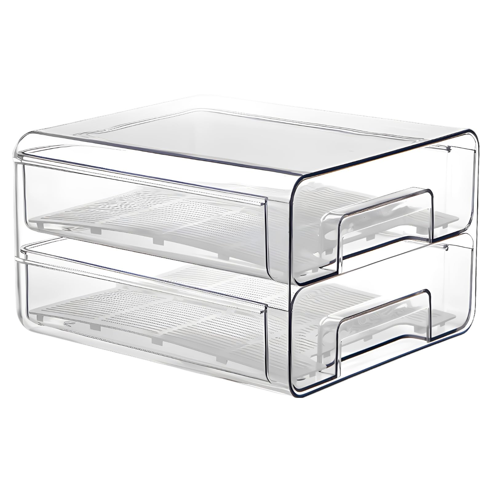 Dwuwarstwowy organizer na lodówkę 9,7 x 21 x 14 cm, przezroczysty pojemnik do układania w stos, z deską odpływową i ochroną jajek na owoce, warzywa
