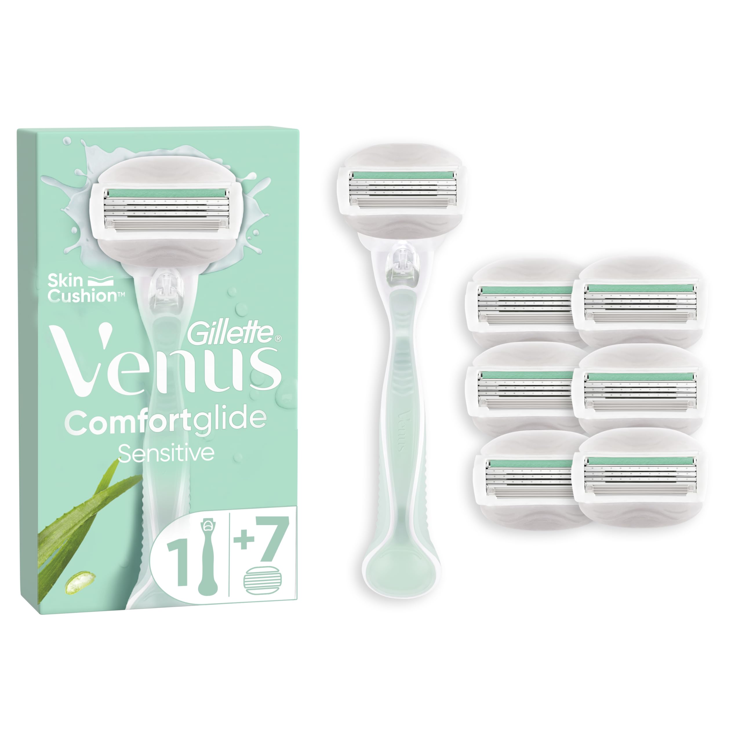 Gillette Venus Comfortglide Sensitive with Gel Bars Women's Razor Handle + 7 Blade Refills, for Sensitive Skin