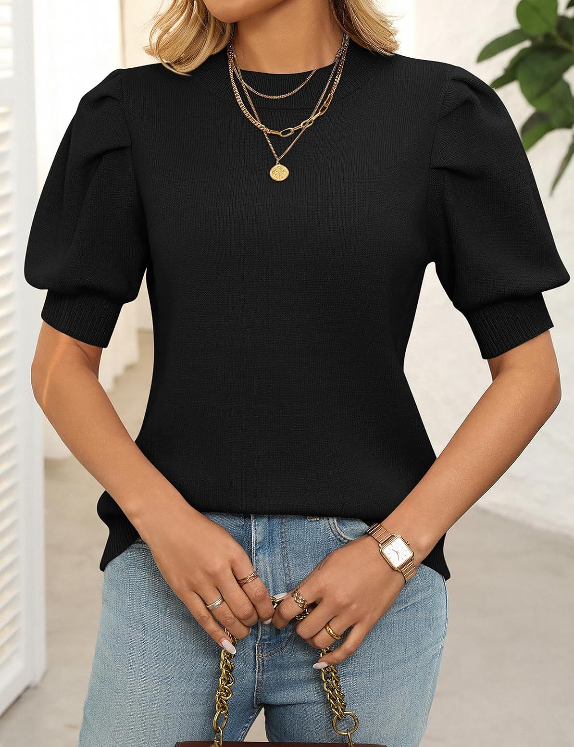 Women's Puff Short Sleeve Sweater Tops Spring Summer Fall Trendy Crew Neck Casual Pullover Sweaters - Image 3