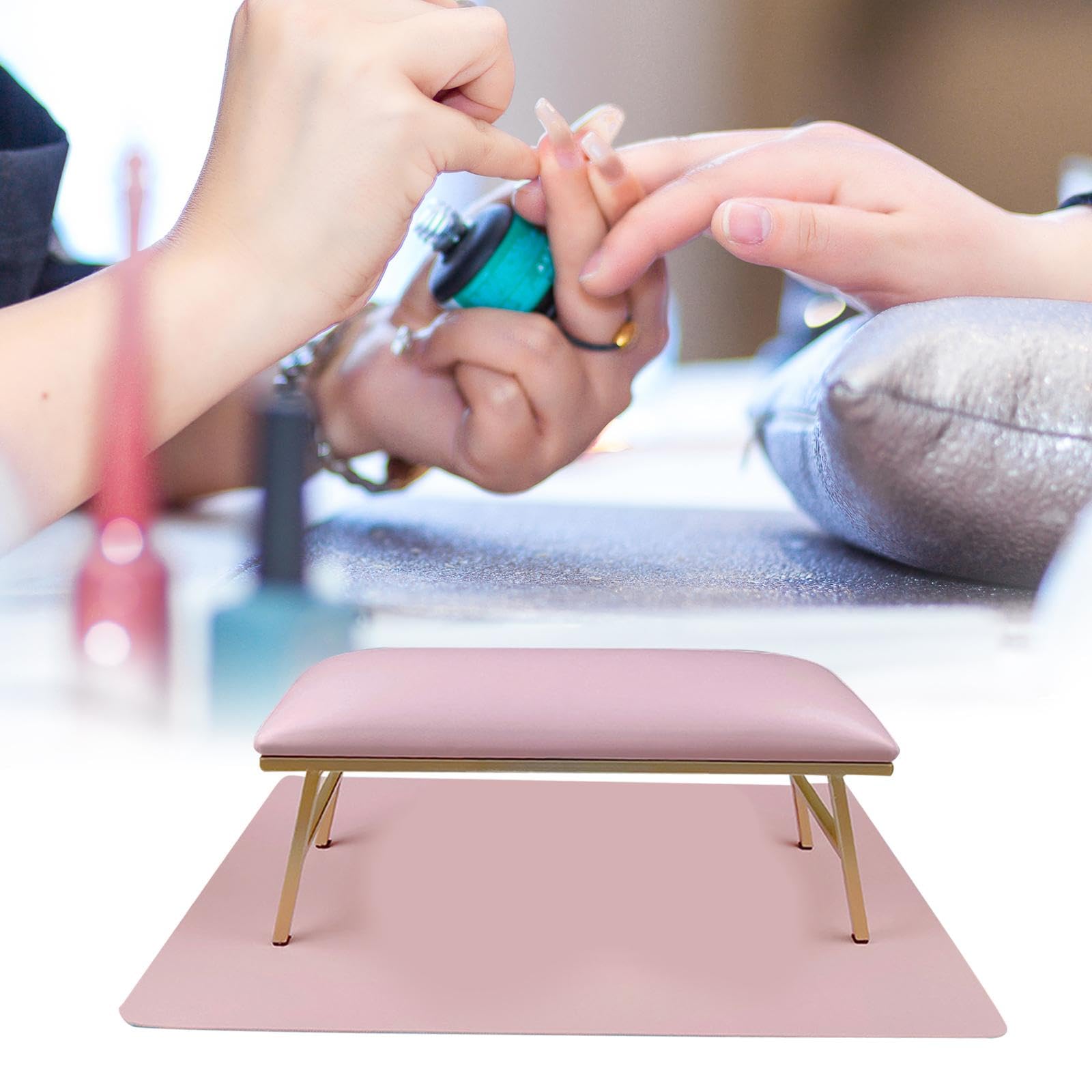 Almohada para Uñas Set Cojín Reposabrazos Tapete Manicura Relleno Suave Impermeable Estructura Metal Duradera Adecuada para Manicuristas Estudiantes, Rosado