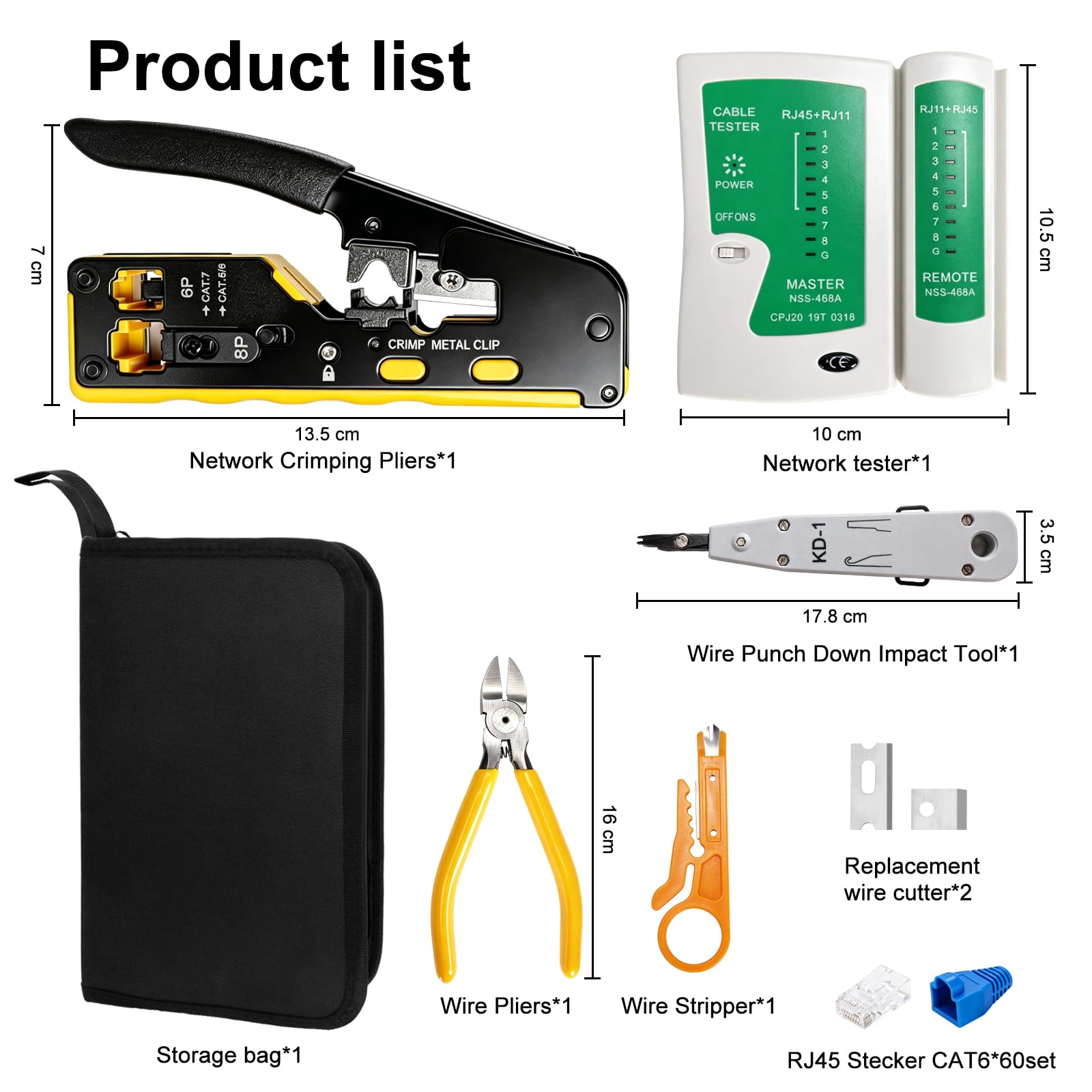 Pinza Crimpatrice RJ45, Strumenti Kit di Rete Professionali con 60Pcs Connettori RJ45 Passante e 60Pcs Stivali Protettivi, Tester Lan, Punzonatura LSA, Pinza a Taglio Laterale, Kit Crimpatore RJ45