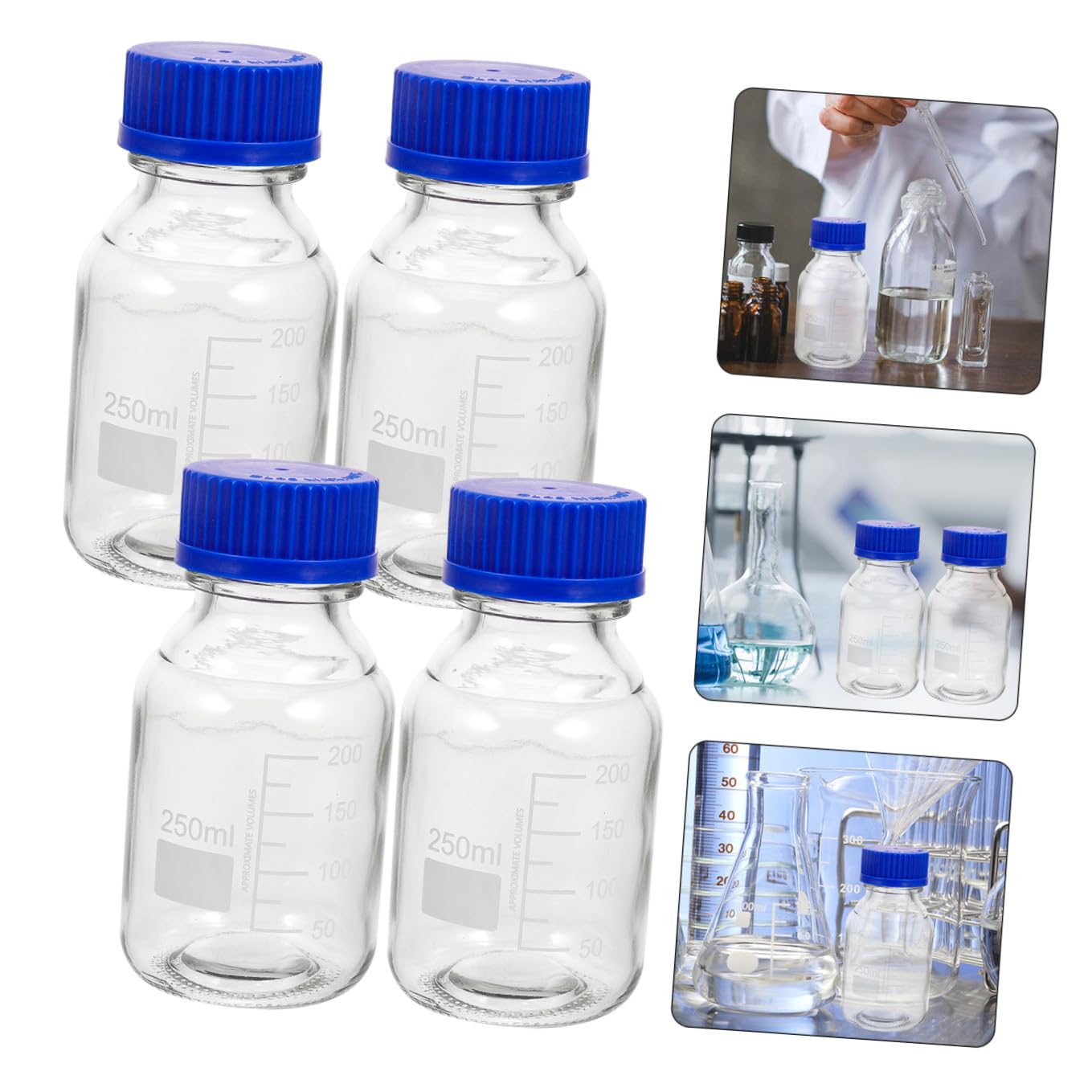 Bottiglia per Reagente in Vetro Graduata 250ml con Tappo a Vite Blu, 4 Pezzi, per Laboratorio e Aula, per Conservazione di Liquidi