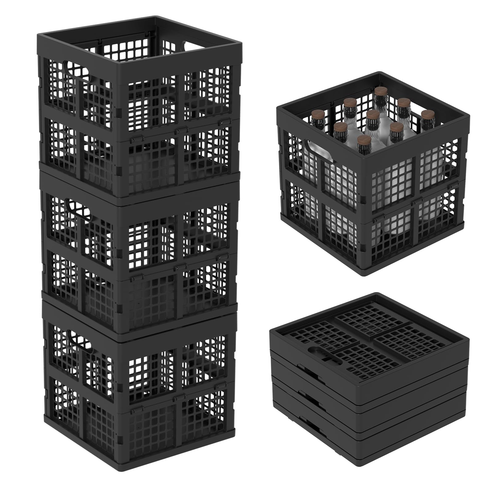 Caja de leche de plástico apilable negra, cajas plegables de plástico de 18 L, paquete de 3