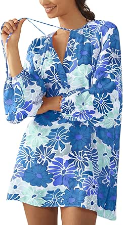 Boho Floral Tunic Dress for Women Long Sleeve Loose Fit Summer Vacation Cover Up Short Dress