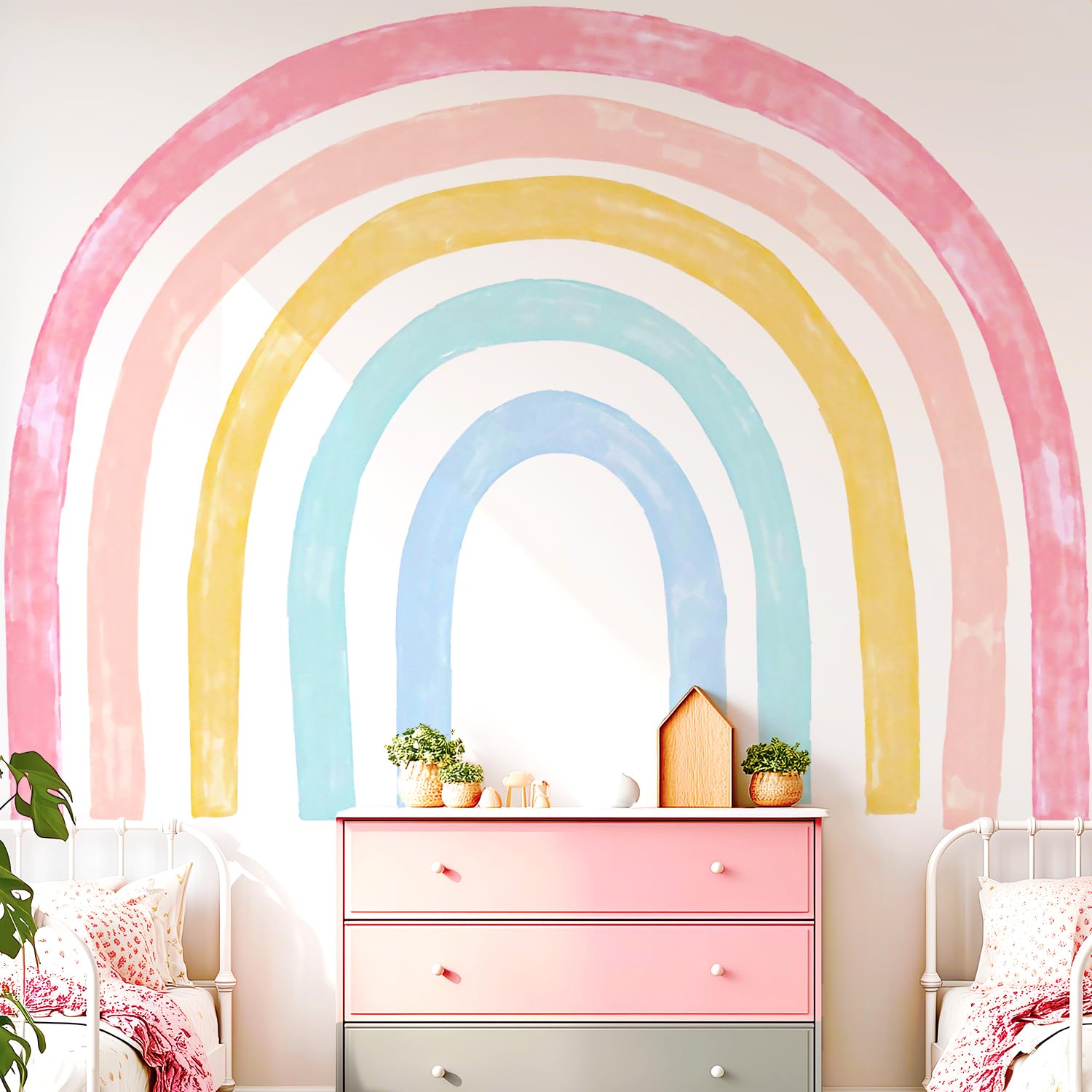Large Watercolor Rainbow Wall Decals, Colorful Peel and Stick Fabric Nursery Wall Decor, Removable Home Room Wall Decor Murals Stickers for Kids Girls Toddler Bedroom Living Room Playroom