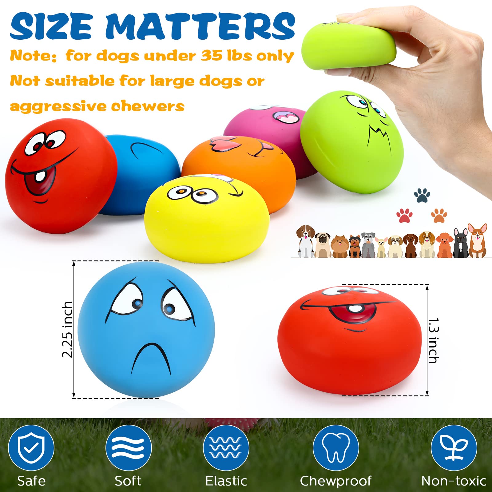 Quietschendes Hundespielzeug, quietschendes Gesicht, Emoticon-Hundespielzeug, interaktives Hundespielzeug, Kauspielzeug, quietschender Hundespielzeug, Latex-Gummibälle für kleine, Training, 12 Stück