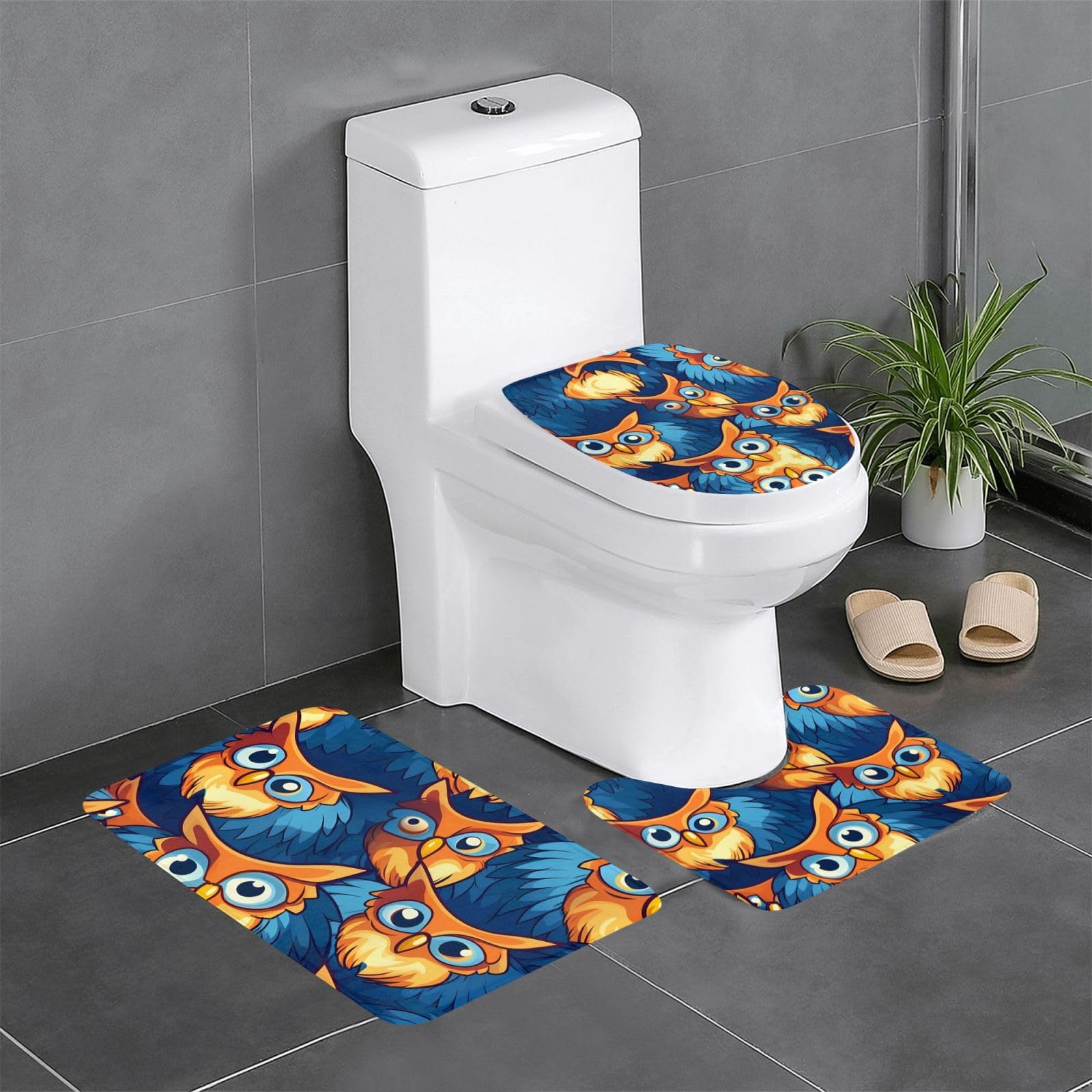 Tapis de salle de bain hiboux ensemble de 3 pièces antidérapant avec contour WC et tapis ovale
