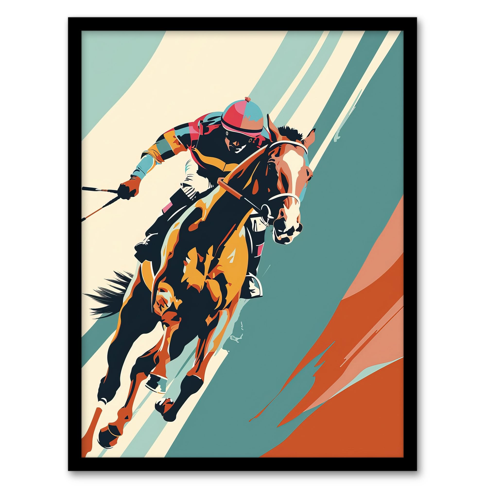 Artery8 Jockey on Racehorse Animal Race Colourful Pop Art Living Room Artwork Framed Wall Art Print A4