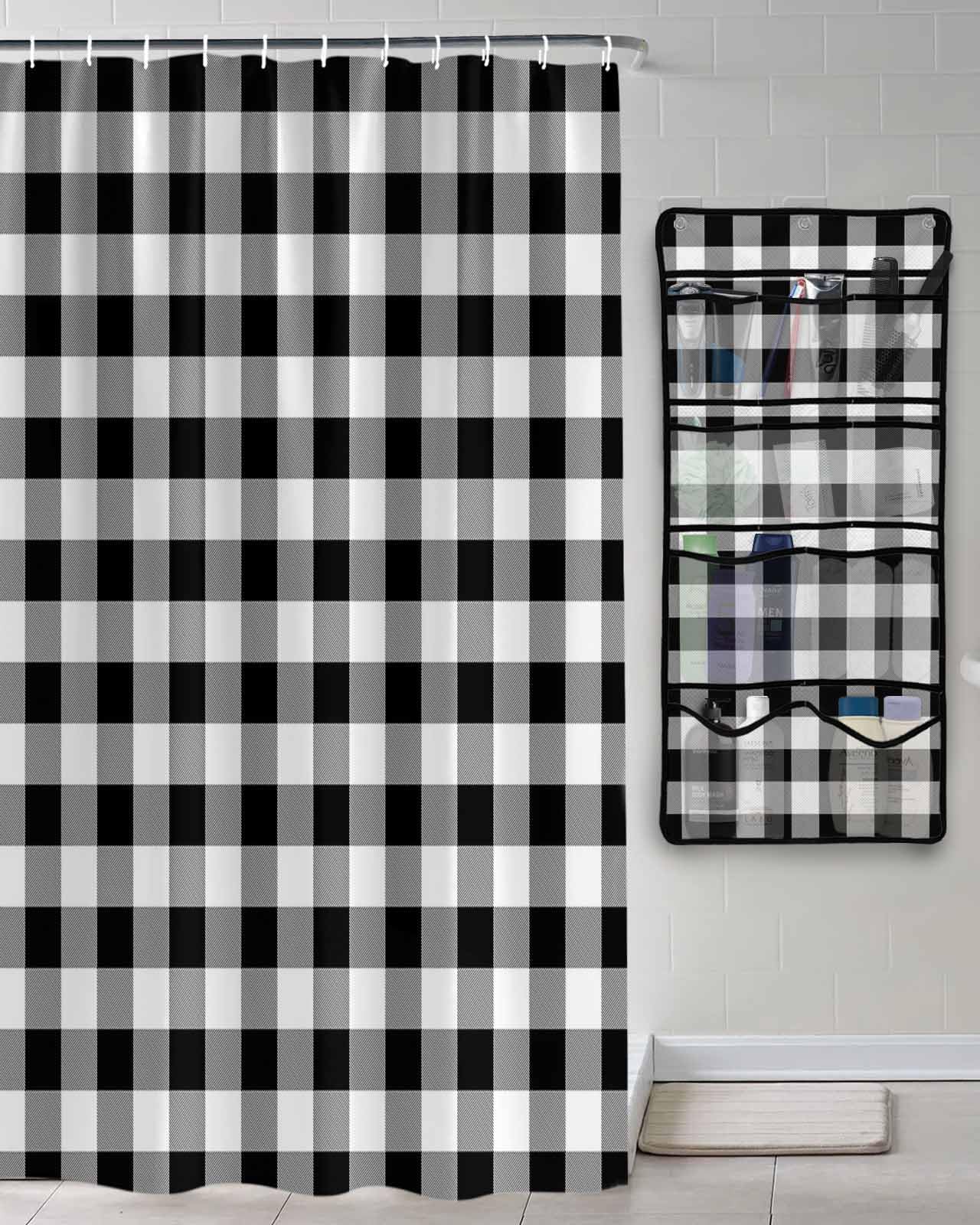 Shower Curtain Mesh Shower Organizer Hanging Set Black White Buffalo Plaid Waterproof Shower Curtains with 10 Pockets Quick