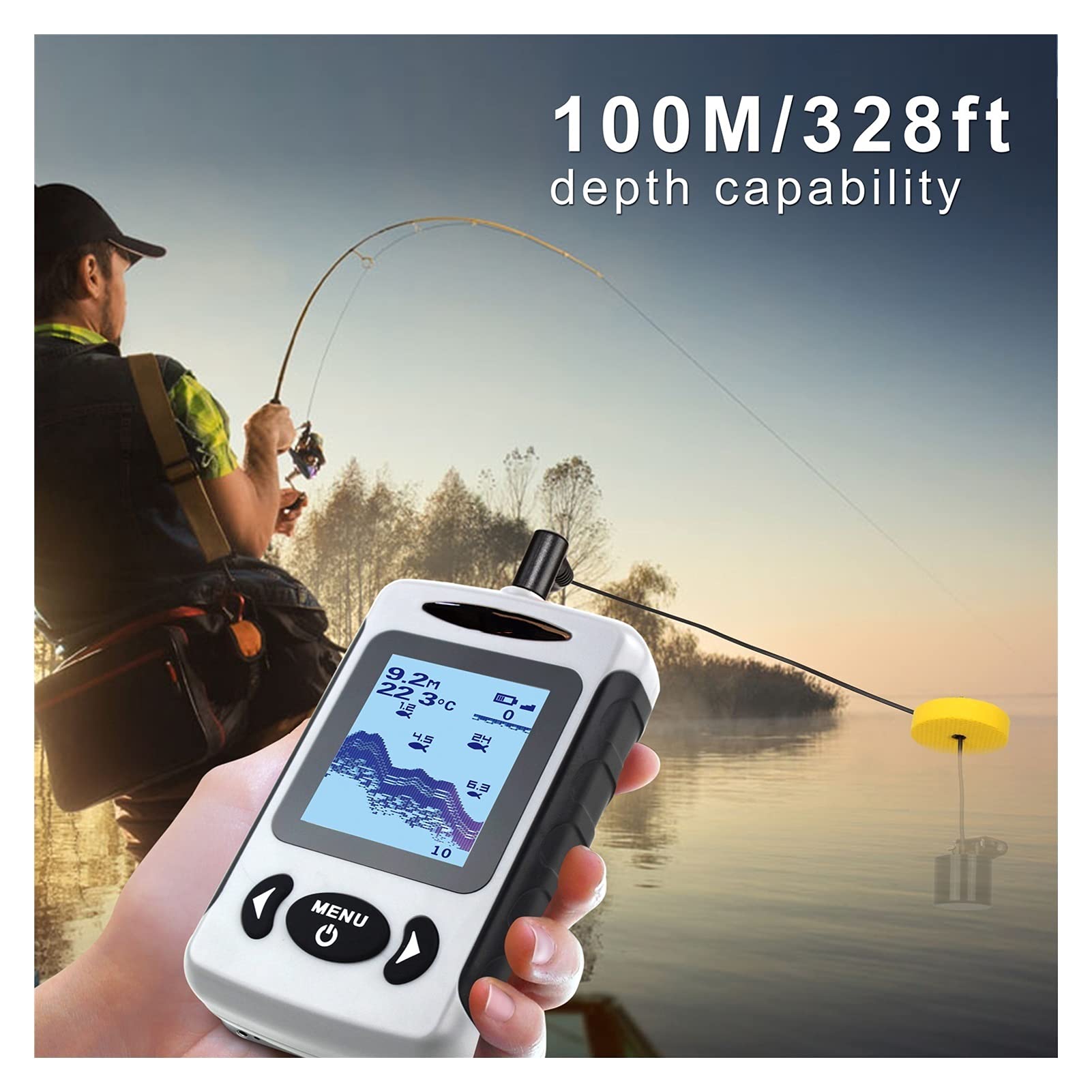 Buscador de Peces, 2. Pulgadas LCD Finder portátil de Pescado 200kHz / 83KHZ Doble Sonar Frecuencia 100M Detector Pesca con Hielo
