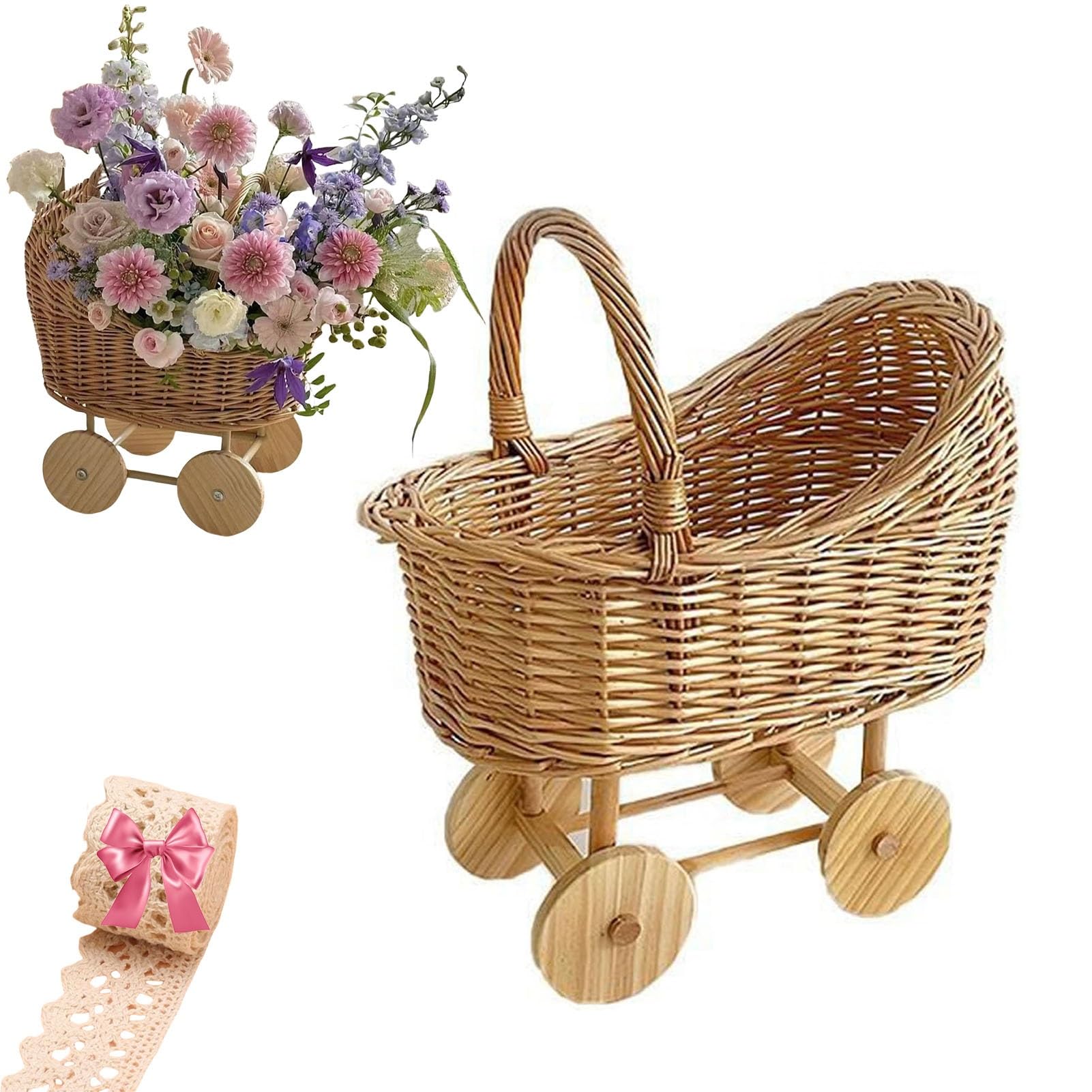 Blumenkorb in Kinderwagenform aus geflochtenem Rattan mit Griff, Blumenhalter for Picknicks, vielseitiger Trolley, dekorativer Süßigkeitenkorb for Hochzeiten, Partys und Blumenarrangements(Smaller)