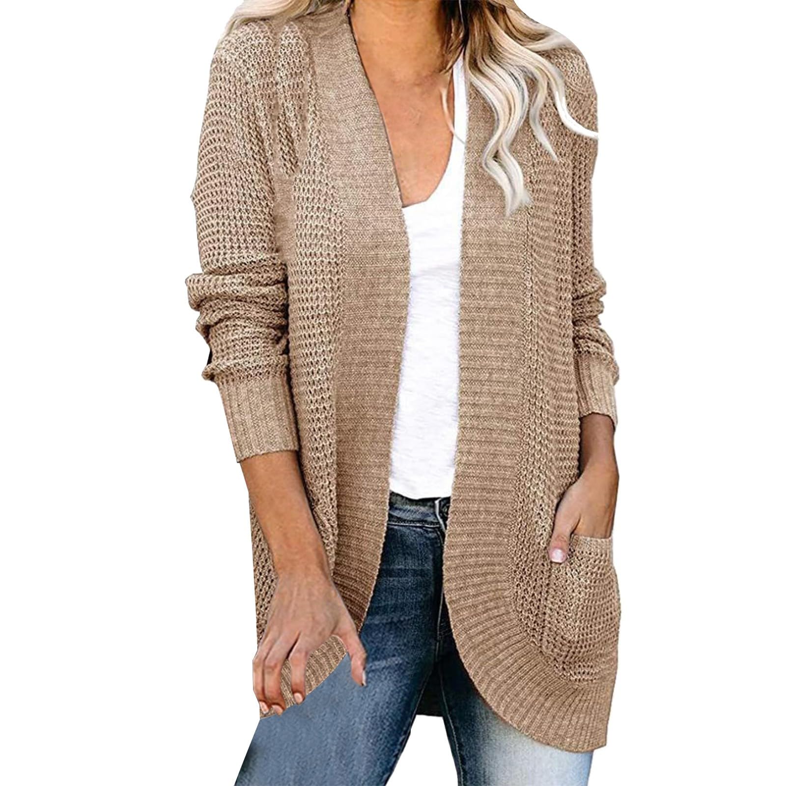 L9WEI Cárdigan delgado con bolsillos para mujer, elegante, frontal abierto, manga larga, ropa de exterior, informal, cárdigan ligero, otoño, primavera, cálido, abrigo, abrigo, abrigo, punto grueso