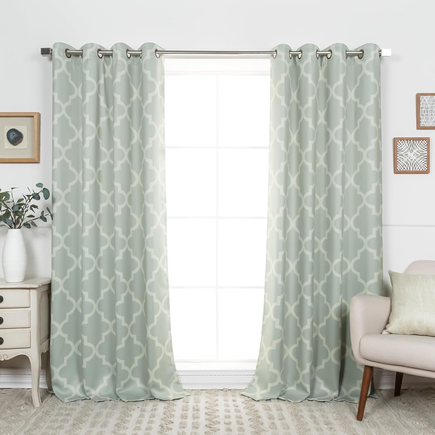 Best Home Fashion Set of 2 Room Darkening Moroccan Print Curtains, Bronze Grommet Top Window Panels for Bedroom, Living Room, Kids Room, Sun Blocking Thermal Insulated (52" W x 84" L, Beige)