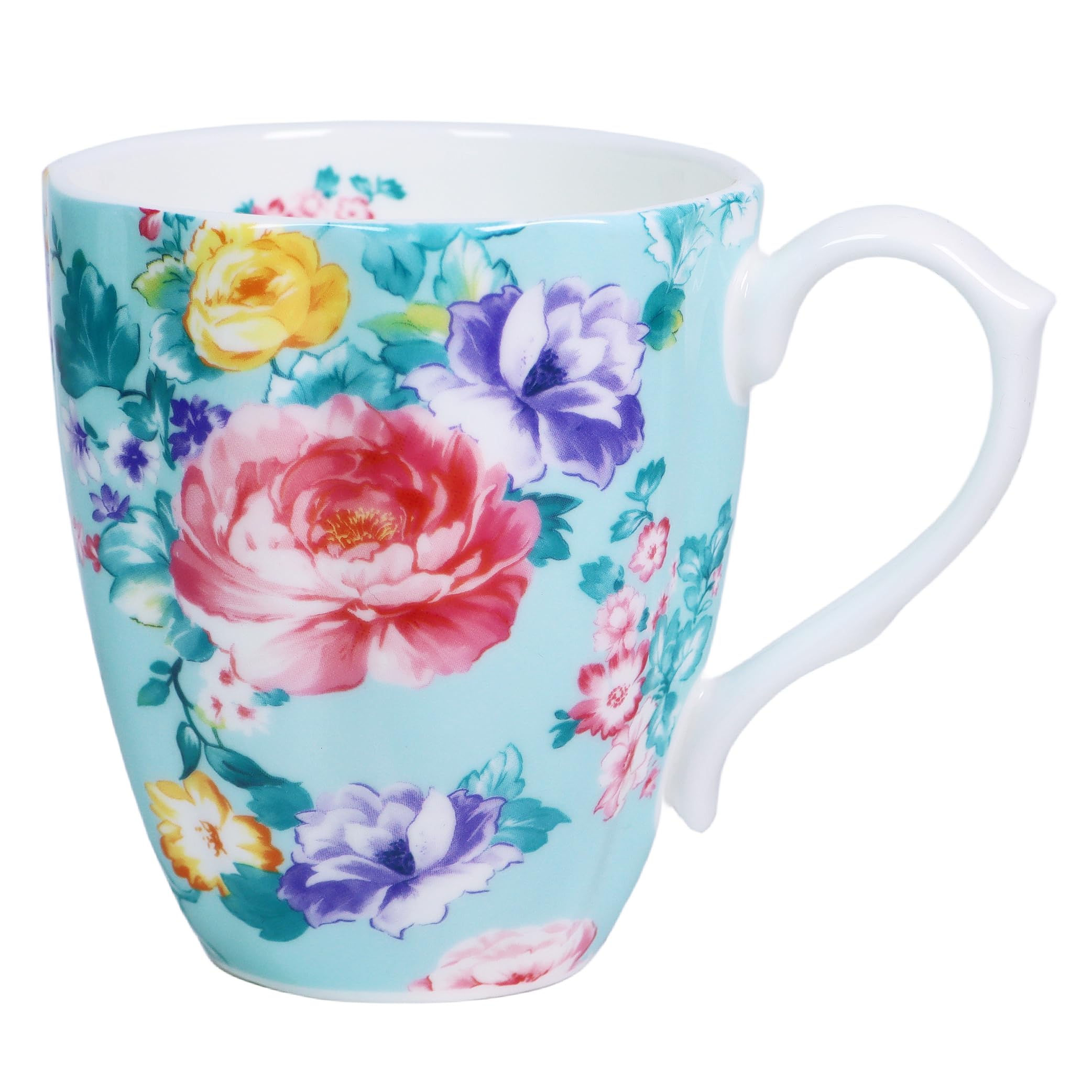 14oz Floral Coffee Mug with Handle Flower Porcelain Tea Cup Christmas Birthday Gifts for Women Men Family Friend (Green)