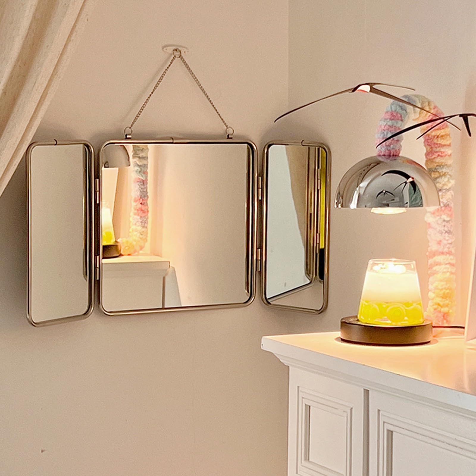 Specchio da Trucco Quadrato A Tre Ante, Specchio da Parete con Cornice in Acciaio Inossidabile 304, Specchio Decorativo HD 30 * 60 Cm, per Bagno, Camera da Letto