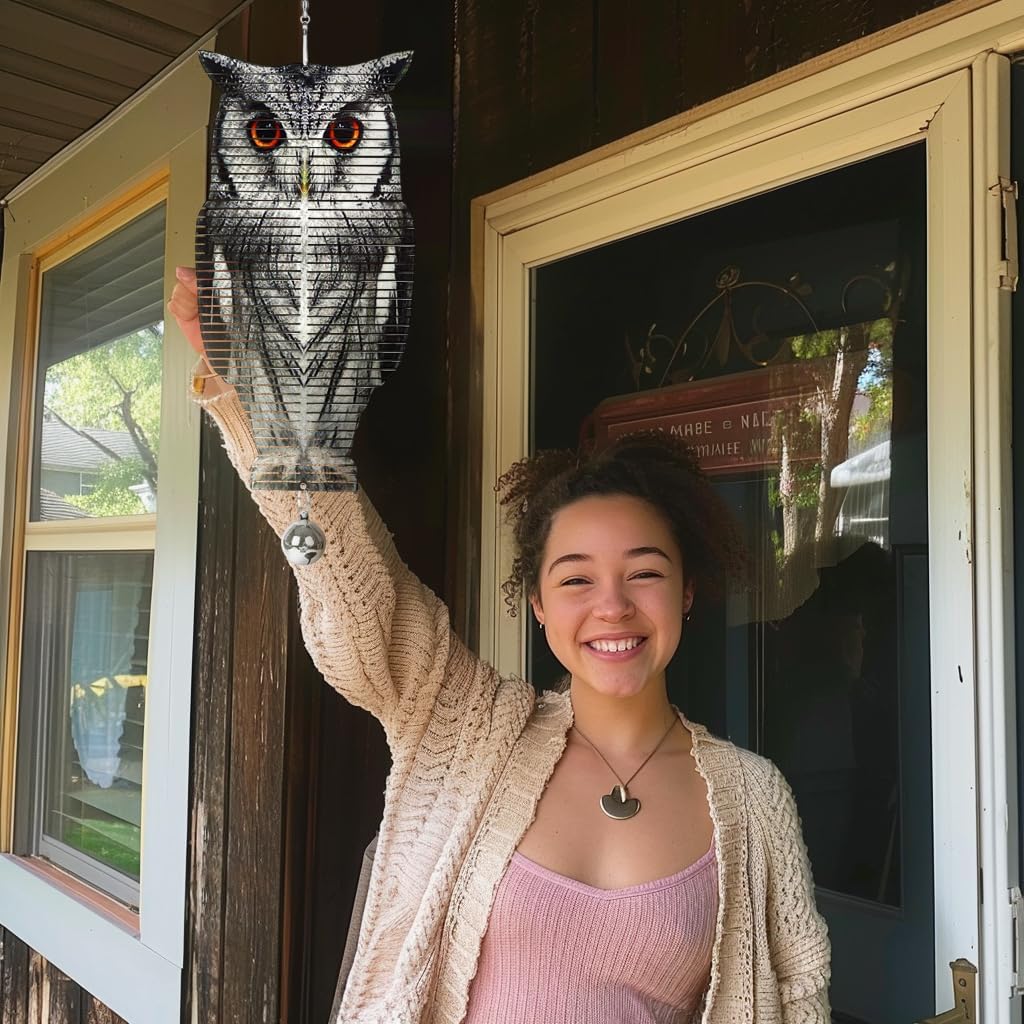 Owl Stainless Steel Wind Spinner Double Sided Printed Bird Reflector Hanging Devices to Keep Birds Away from Outdoor Yard Patio Farm Garden