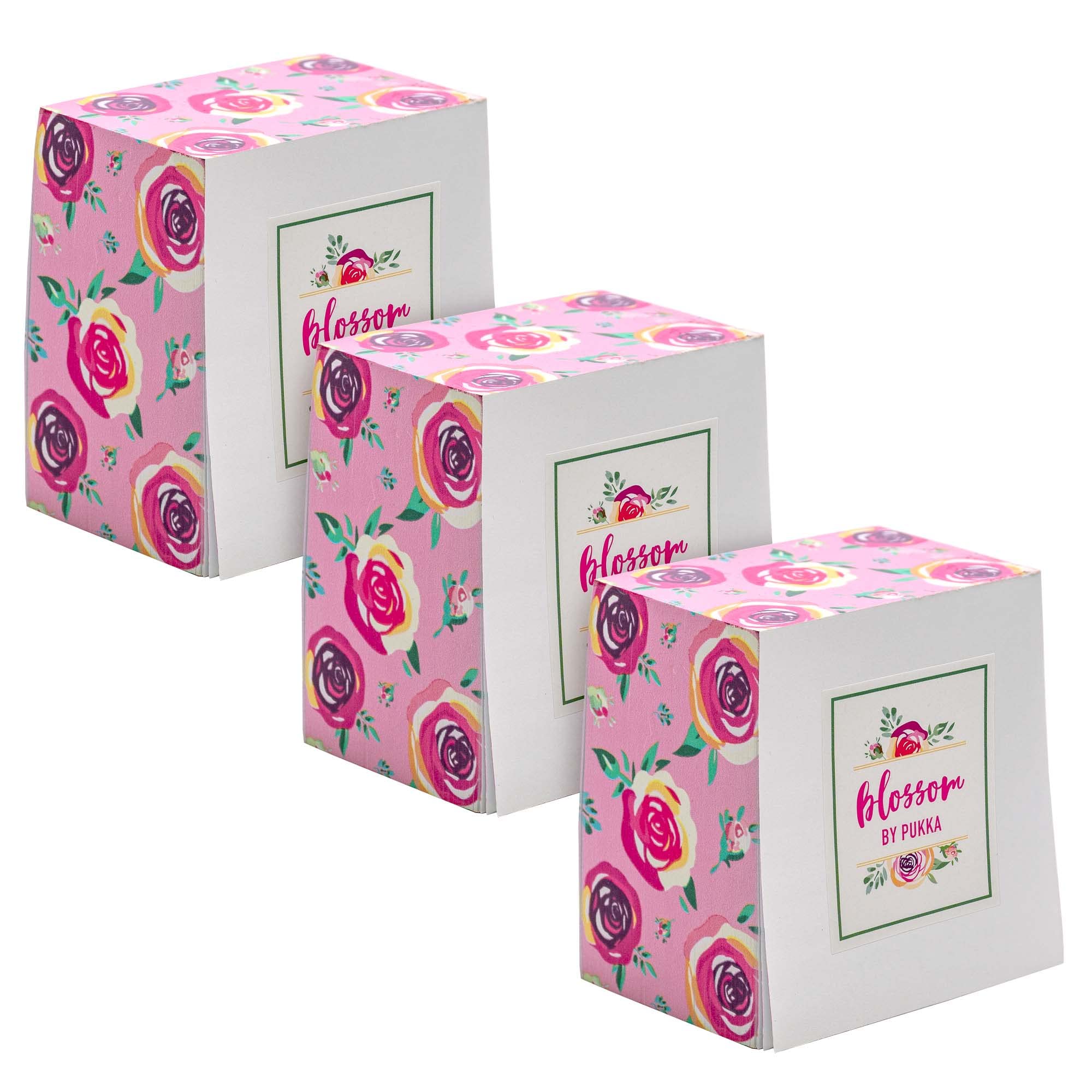 Pukka Pad, Blossom Memo Block, 3-Pack – 500 Sheets of White 70GSM Note Paper for Home, Office, and School Memos – 3.15 x 3.15 Inches, Patterned