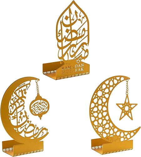 Miniatura 8 de flangairy Decoraciones de Ramadán para el hogar 2024 Eid Mubarak Carteles de metal Kareem Mezquita musulmana islámica, soporte árabe dorado, centro