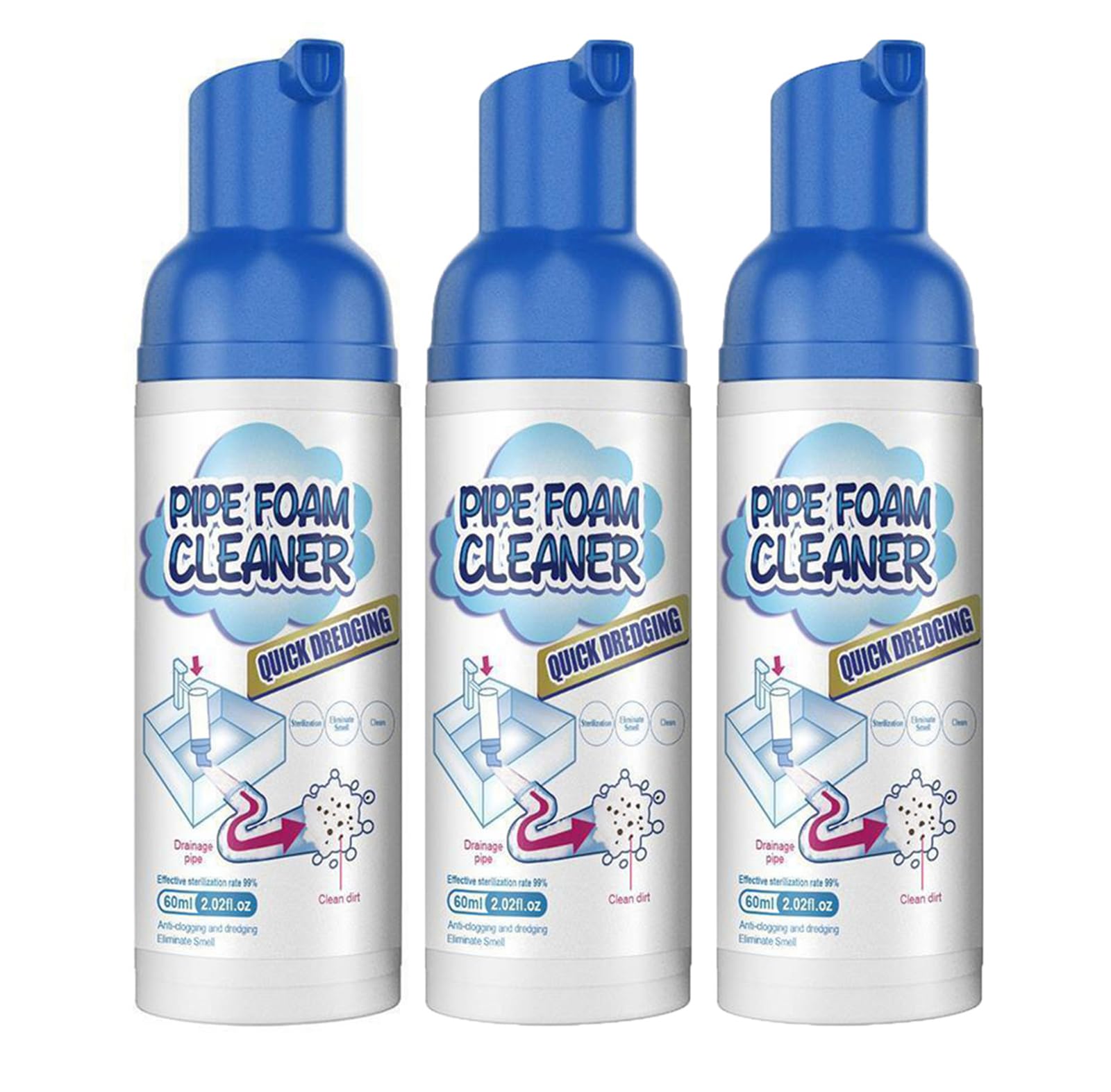3Pcs Herios Drain Foam Cleaner, Pipe Dredge Deodorant Foam Cleaner, Liquid Hair Drain Clog Remover & Cleaner, Quick Foaming Toilet Cleaner for Kitchen Shower Drain Sinks Tubs