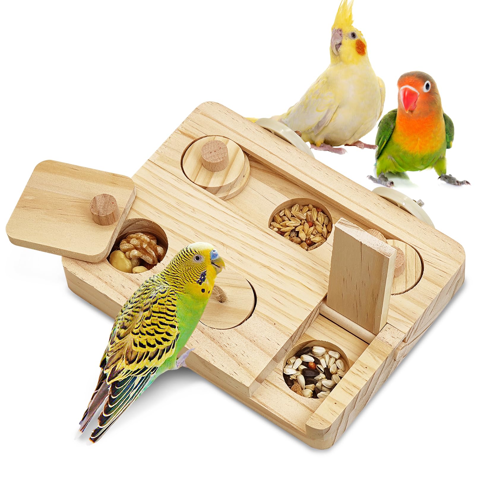 BNOSDM Wooden Bird Foraging Toys with Enrichment Puzzle for Training & Chewing Natural Wood Stand Platform Feeder Cage Accessoriesfor Small and Medium Parrots, Parakeets, Cockatiels, Sun Conures