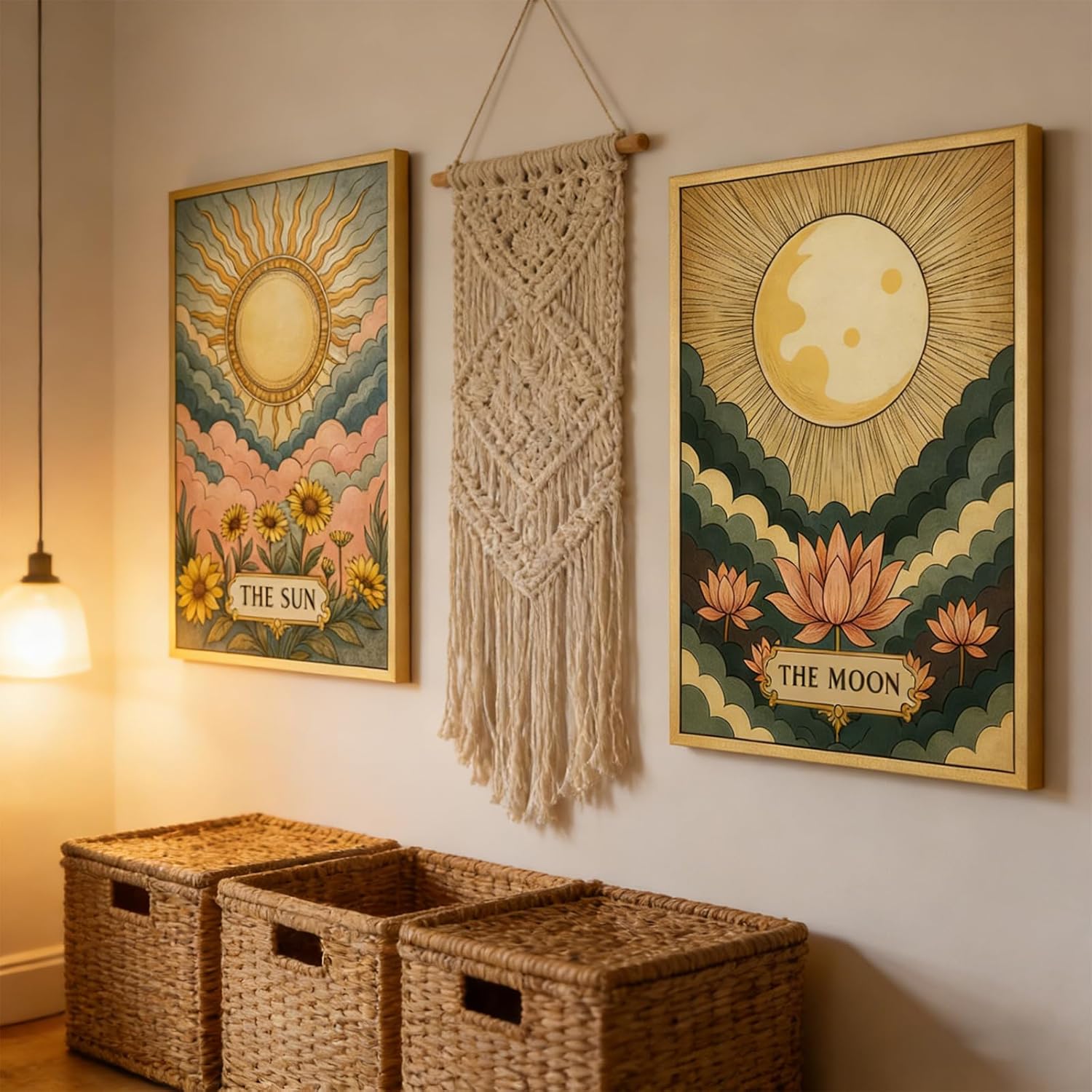 2Pcs Sun and Moon Celestial Canvas Wall Art boho Tarot Astrology Painting Picture Wall Decor Vintage Sun Flower and Full Moon Lotus Poster Print Artwork for Bedroom Living dormitory Home Decoration