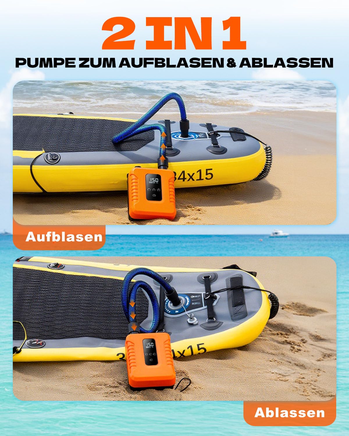 SUP Pumpe Elektrisch,Wiederaufladbar,Stand Up Paddle Pumpe Elektrisch mit Auto-Stopp,Sup Kompressor Doppelstufig,Luftpumpe Elektrisch SUP mit LED Display,für Camping,Reisen,See und Strand