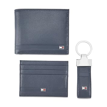 Tommy Hilfiger Men's Leather Global Coin Wallet, Card Holder, Key Fob with Plain Line On Front Combo Set Navy (TH/BLACKPOOL/WALL/CC/KF/08) - image, photos