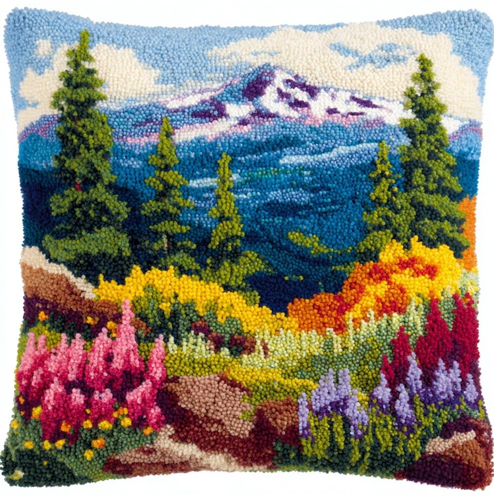 FWRTYCB Latch Hook Cushion Kits for Adults, Mountain Flowers Pillow Hook A