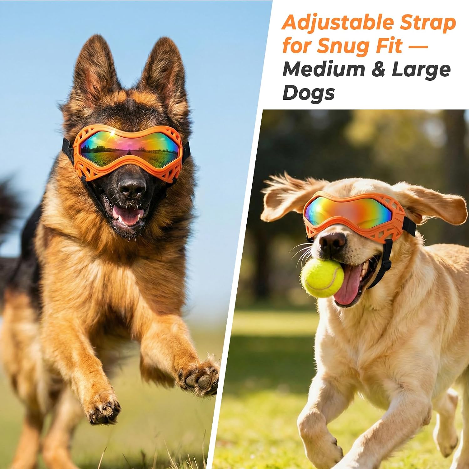 Dog Sunglasses Goggles for Medium Large Dogs - Anti-UV Windproof Dustproof Anti-Fog Snowproof Pet Glasses with Adjustable Strap - Outdoor Riding Driving Hiking Eye Protection (Orange)