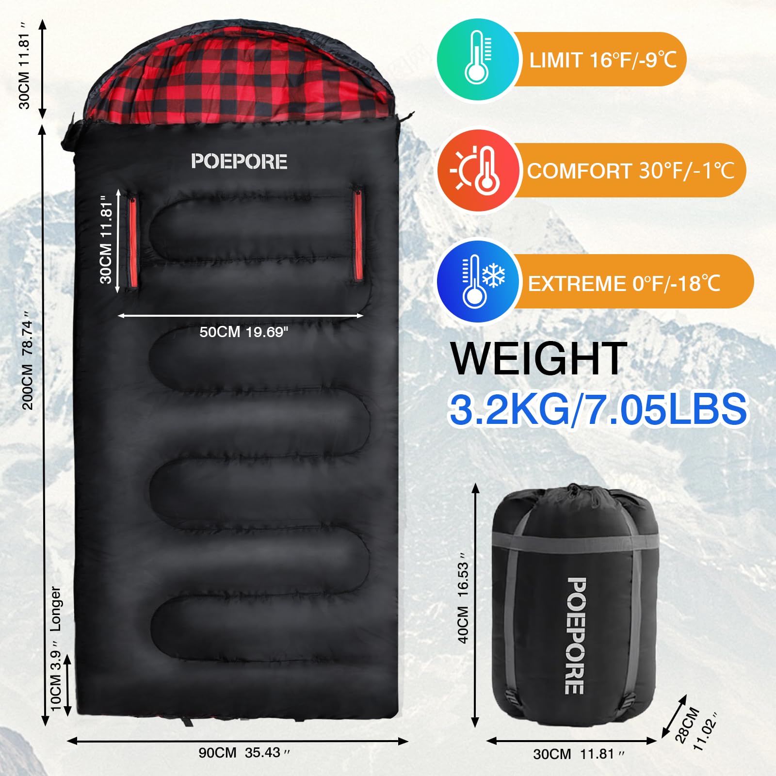 Saco de dormir de franela de algodón de 0 grados para clima frío para adultos, XXL, saco de dormir portátil para 4 estaciones, impermeable, con saco de compresión