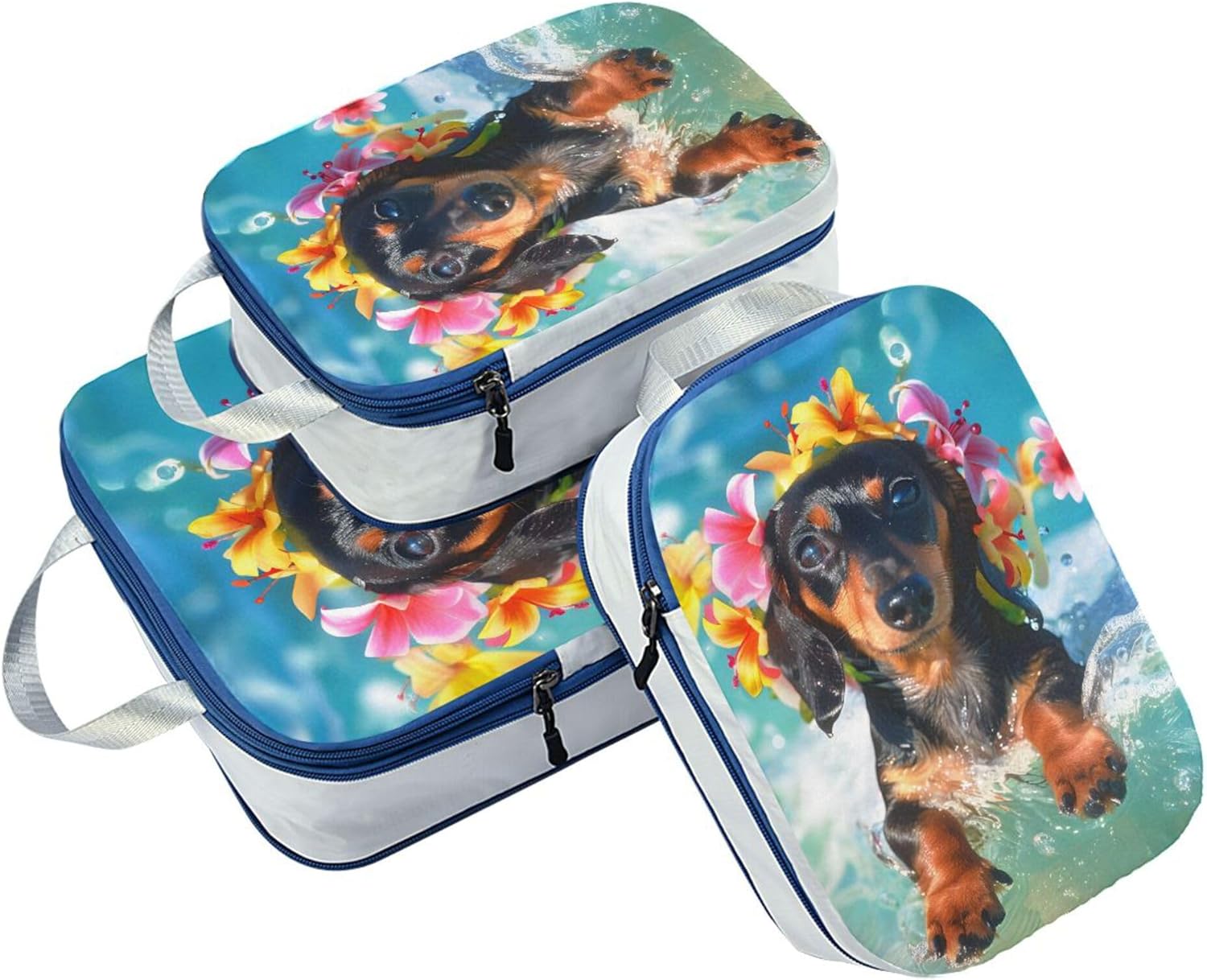 MNSRUU Compression Packing Cubes for Suitcases 3 Set, Cute Dachshund Puppy Surfing on Wave Travel Luggage Organiser Portable Toiletry Storage Bags for Clothes Shoes Home Storage