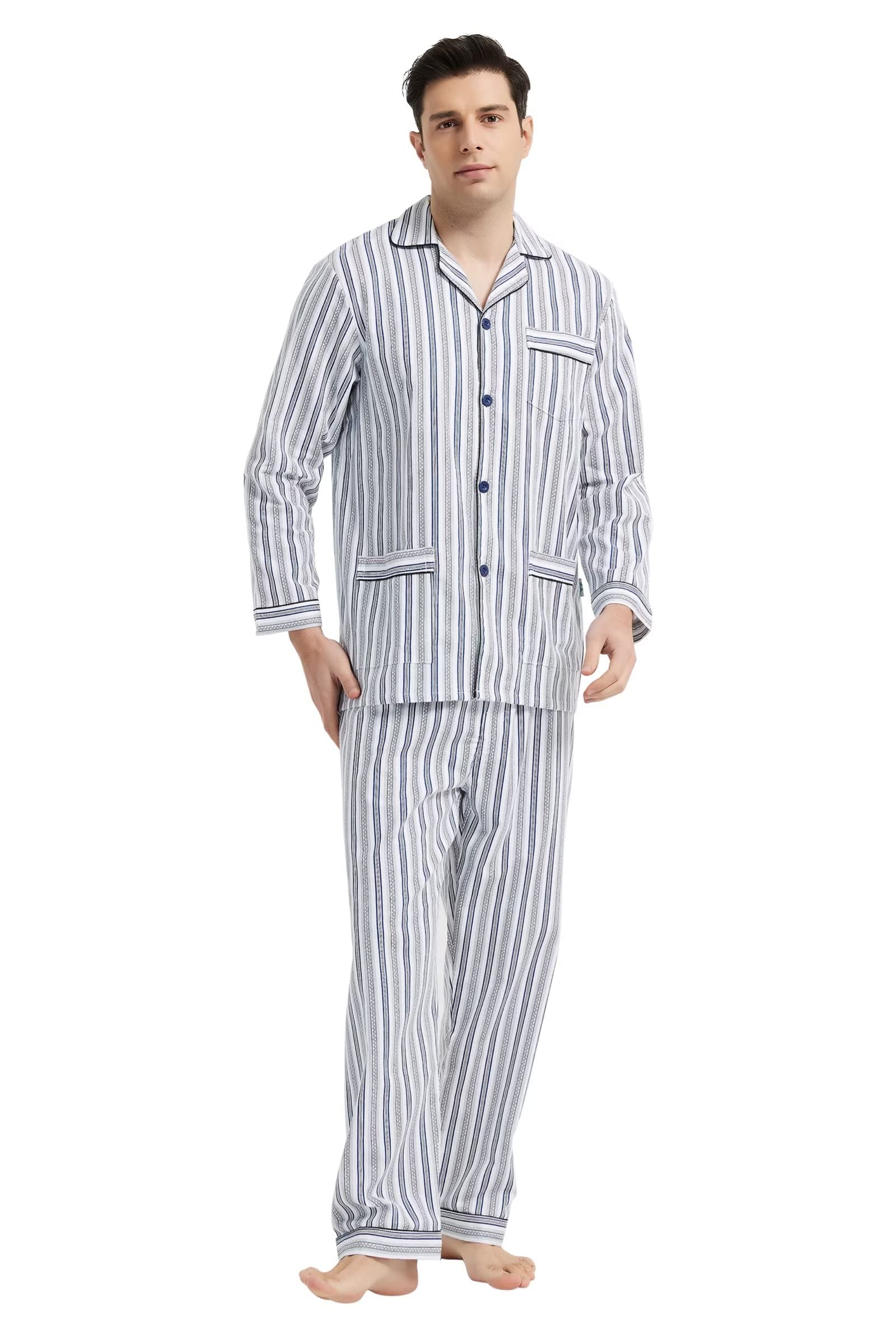 GLOBAL Mens Pajamas Set, 100% Cotton Woven Drawstring Sleepwear Set with Top and Pants/Bottoms