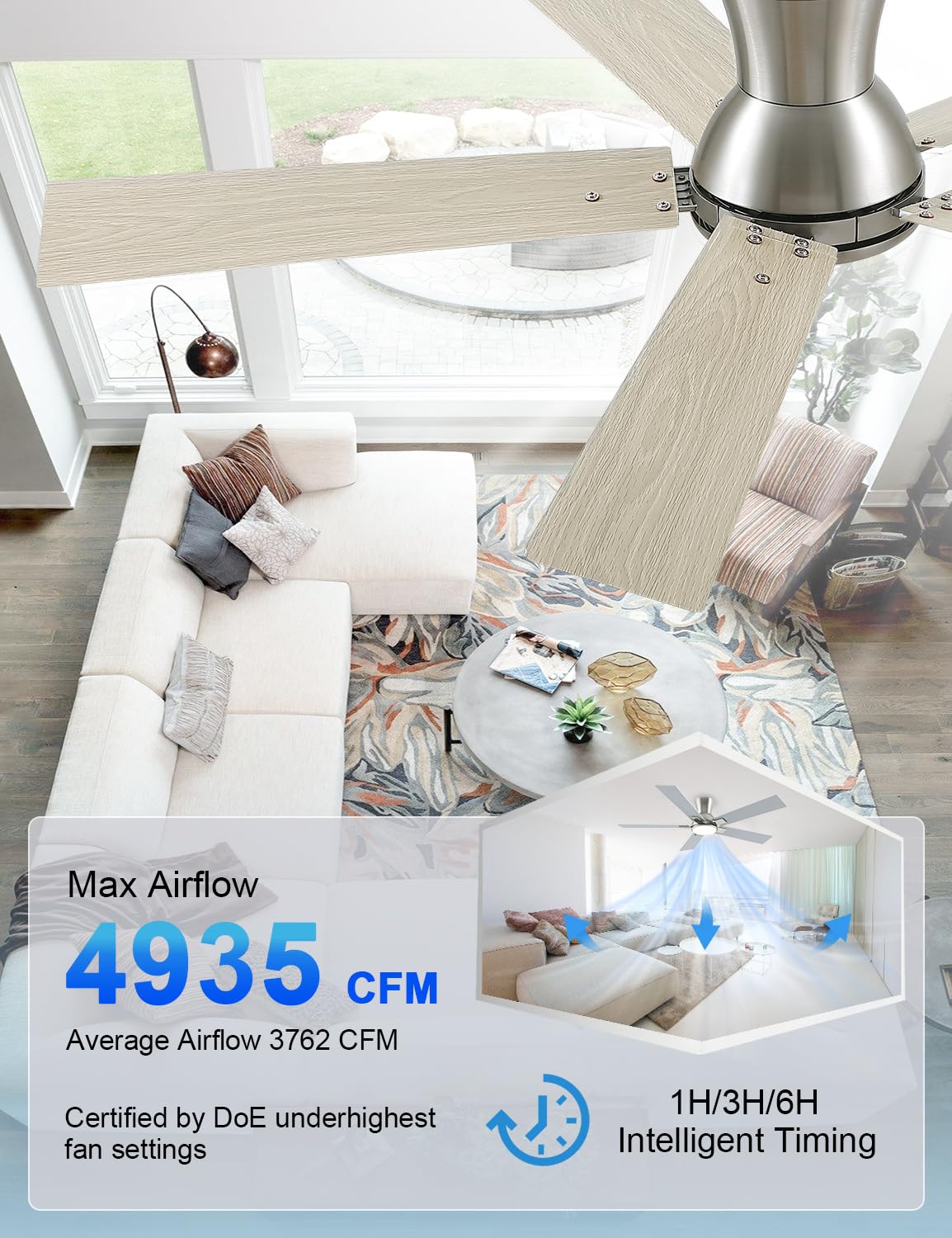 52 Inch Ceiling Fans with Lights and Remote Brushed Nickel Flush Mount Low Profile Ceiling Fan for Bedroom — view 9