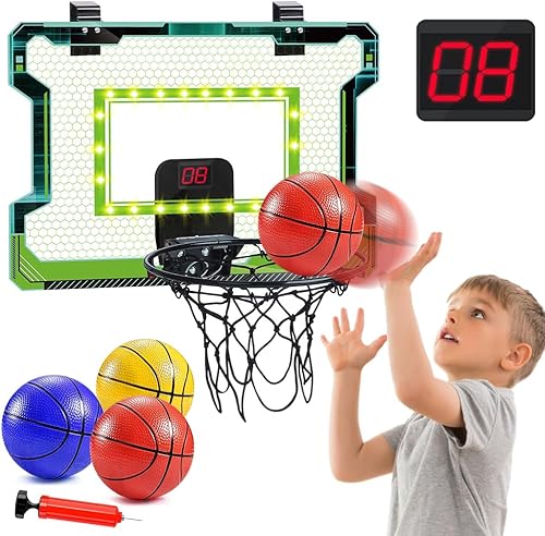 Miniatura 9 de Aro de baloncesto para interiores, mini aro de baloncesto para puerta, tablero electrónico de puntuación profesional con sonido automático y luz