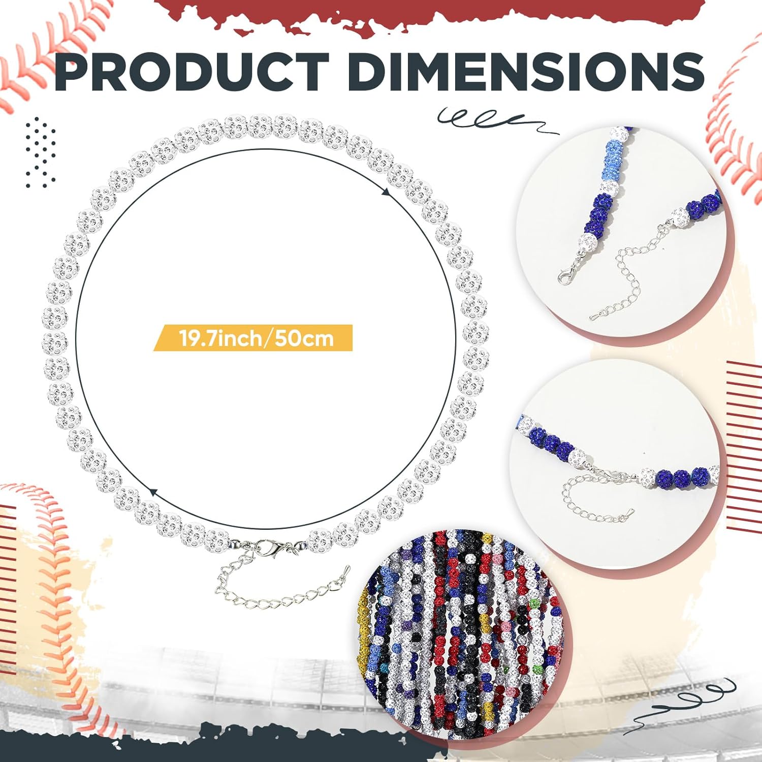 Landical 24 Pcs Rhinestone Baseball Necklace for Men Women Bead Baseball Necklace Rhinestone Bling Multicolored Inspired Sports Jewelry Gift for Team Players Lovers Fans - Image 3