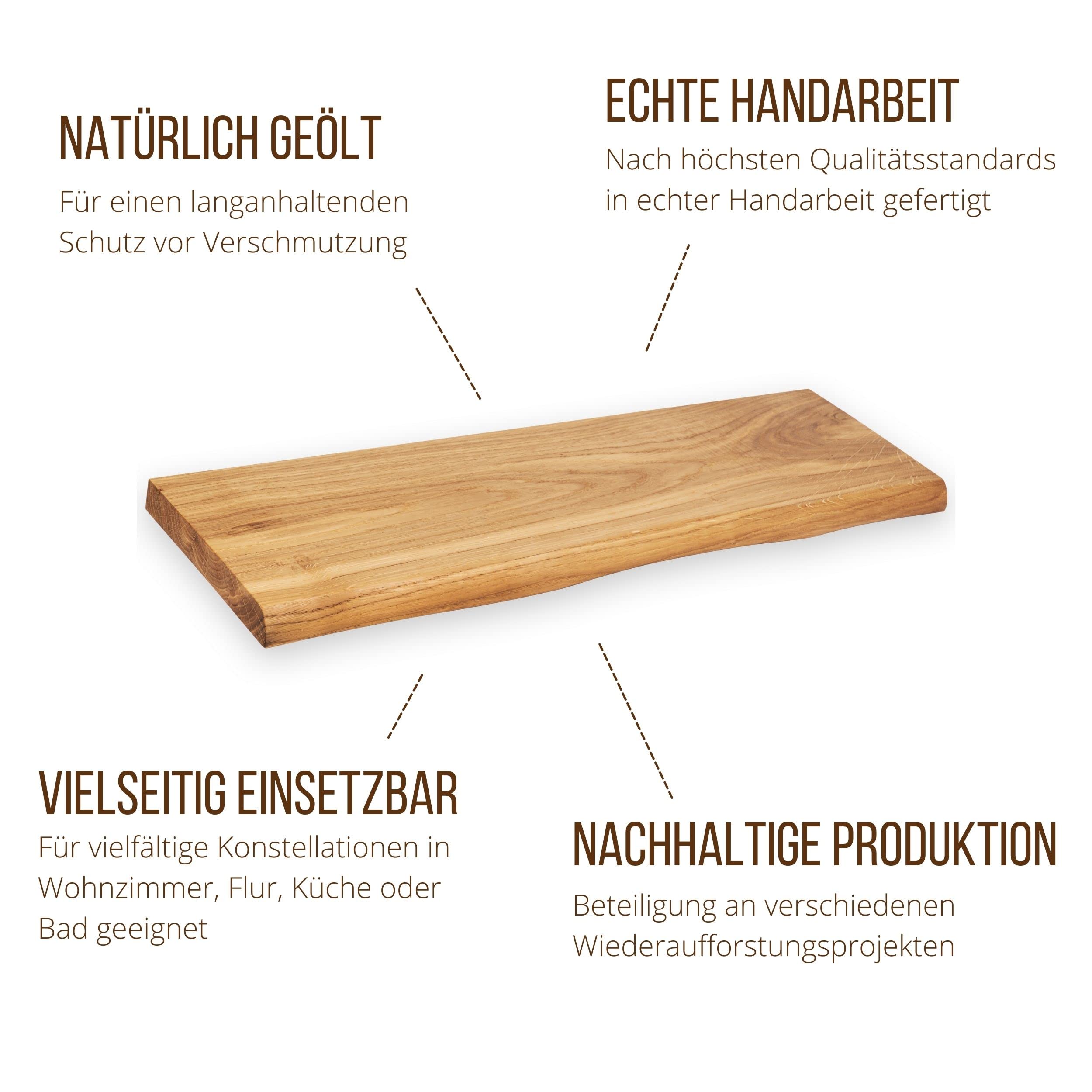Heimatspäne Freischwebendes Regalbrett Baumkante 60cm [echtes Eichenholz] – Wandregal Eiche massiv – Echtholz Regal inkl. Montagematerial – Wandboard Holz rustikal in echter Handarbeit gefertigt