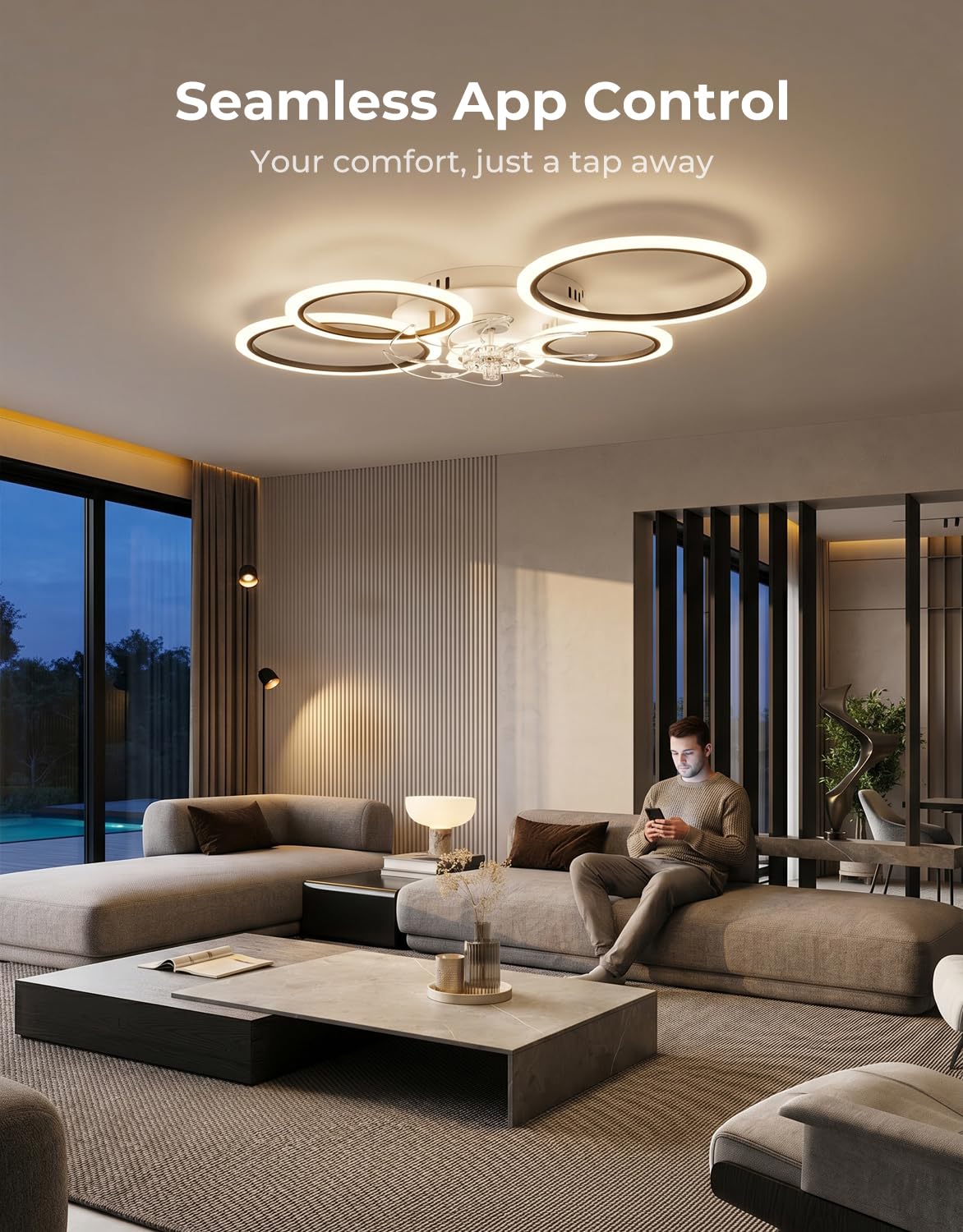 Lampe Ventilateur Plafond Noir Moderne Silencieux Cercle Plafonnier Ventilateur avec Telecommande Moteur DC Réversible Mode Eté Hiver pour Chambre Salon Cuisine, 100cm