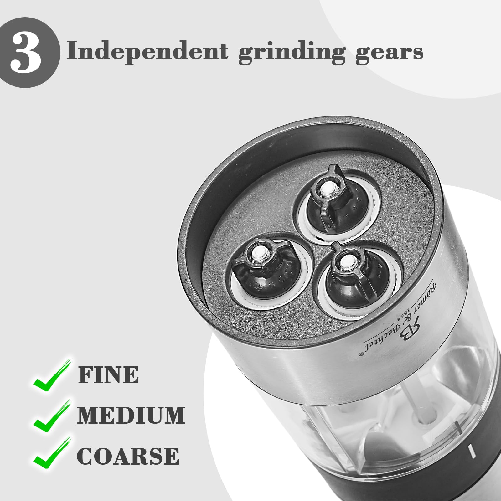 ROMER & BECHTEL 3-In-1 Manual Salt And Pepper Grinder, Adjustable Manual Spice Grinder Ceramic Burr Grinder With Stainless Steel, Refillable & Transparent